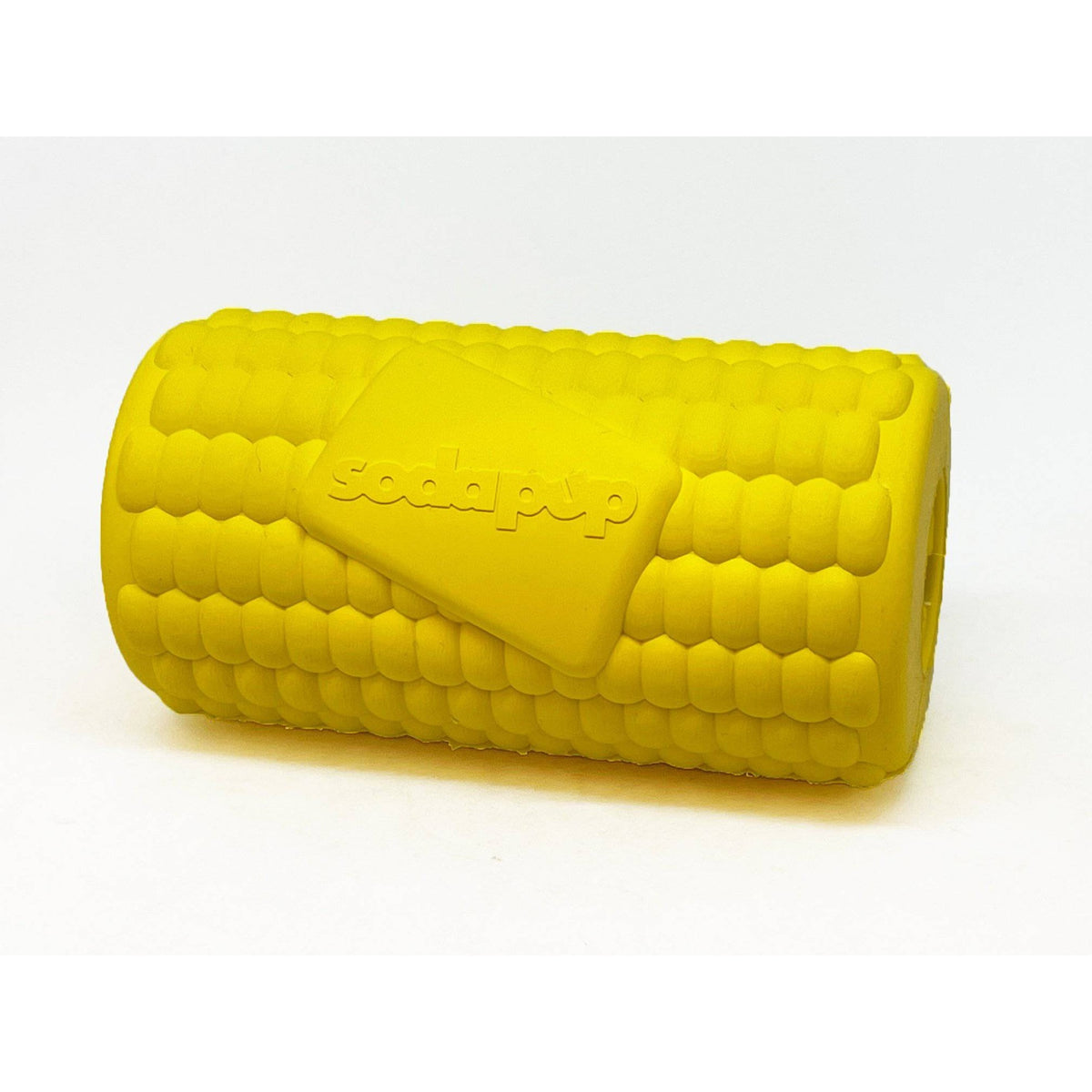 Yellow SodaPup Corn on the Cob treat dispenser lying on its side