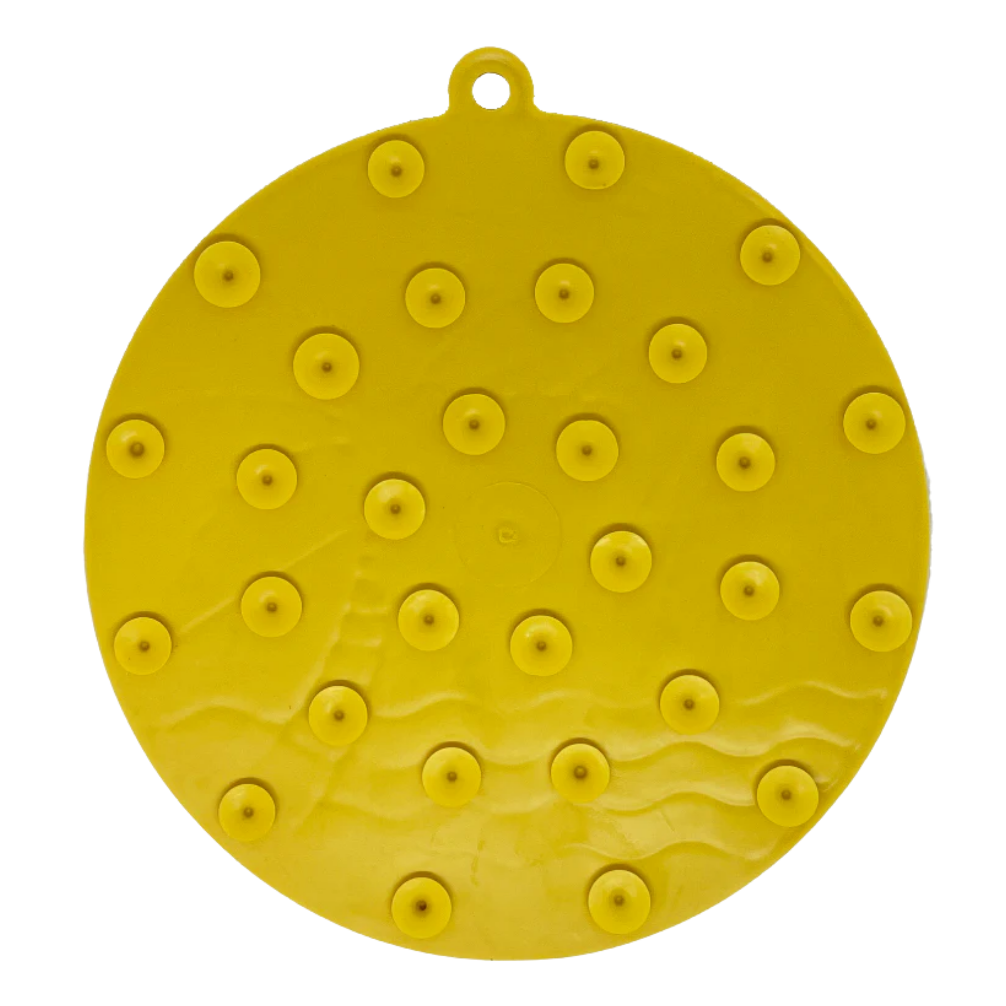Yellow SodaPup lick mat with suction cups on the back for sticking to bathtubs and refrigerators during grooming.
