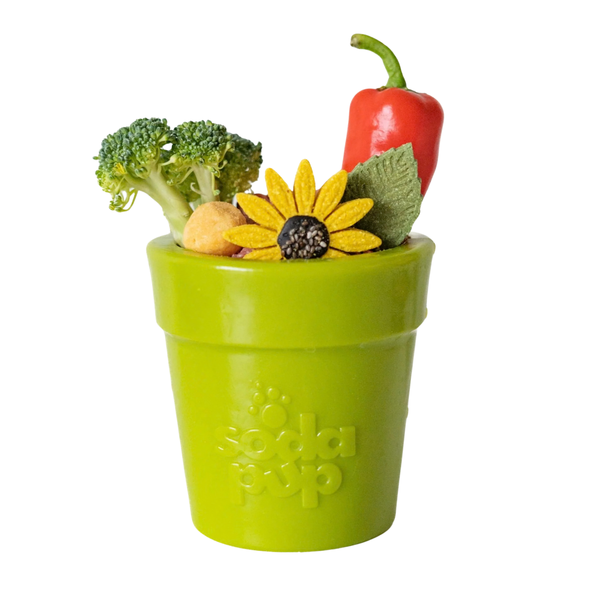 Green SodaPup Flower Pot enrichment toy filled with fresh vegetables and treats to prevent boredom and destructive chewing