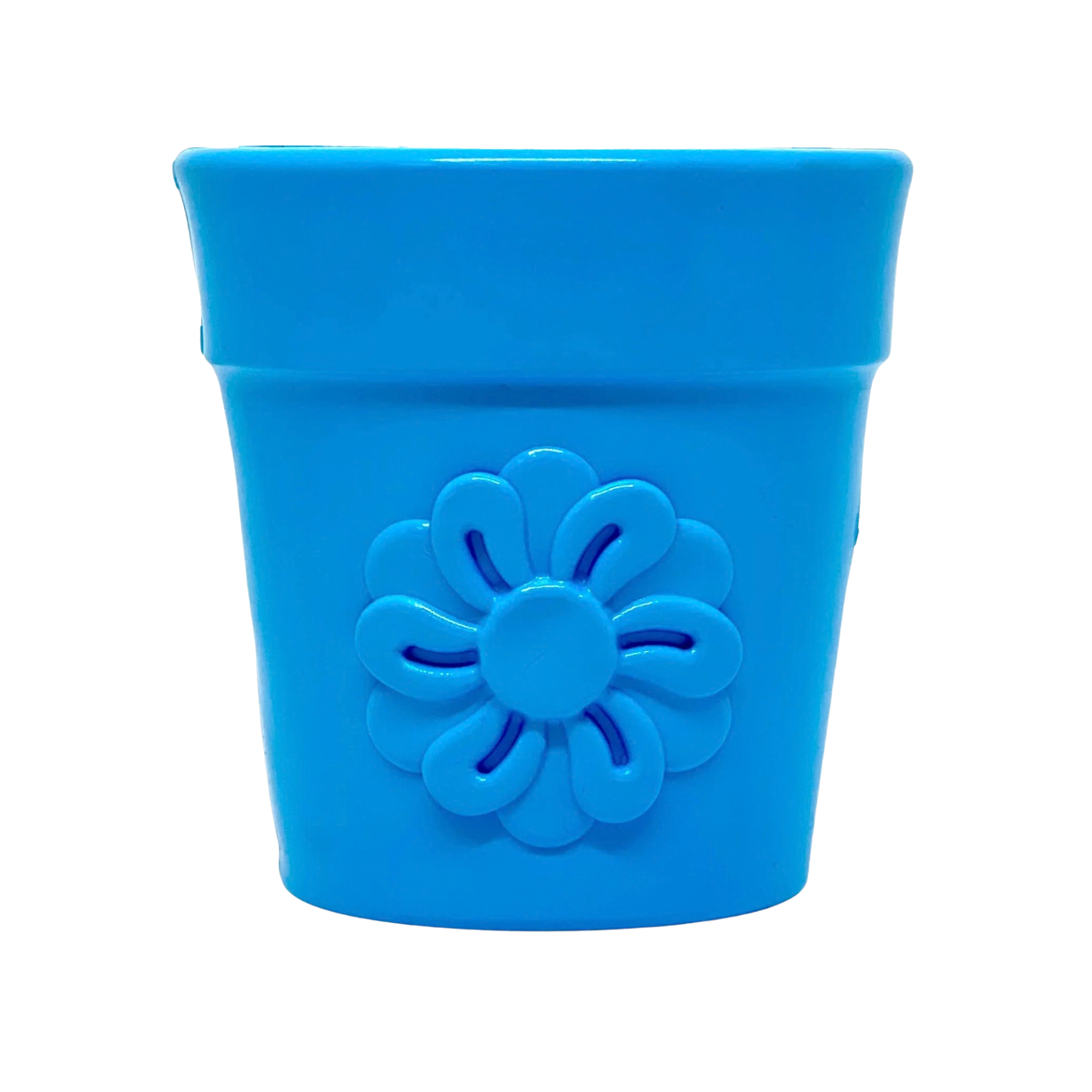 Durable blue rubber SodaPup Flower Pot chew toy for dogs featuring a molded flower design on the front.