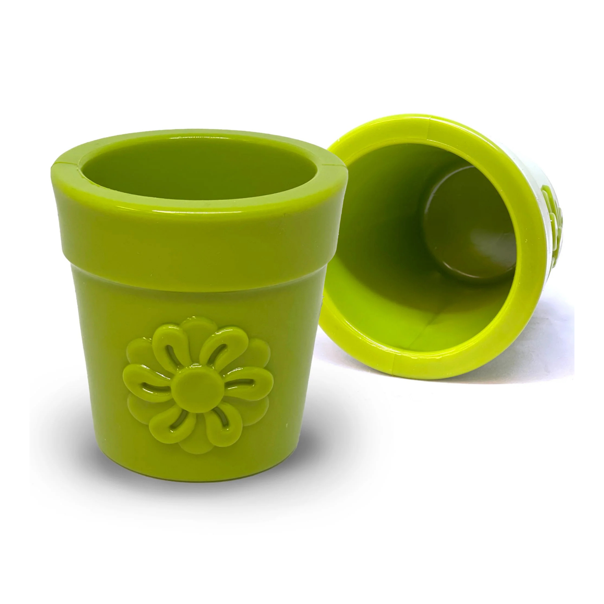 Two green SodaPup Flower Pot slow feeders showing the open top and durable interior for stuffing dog food.
