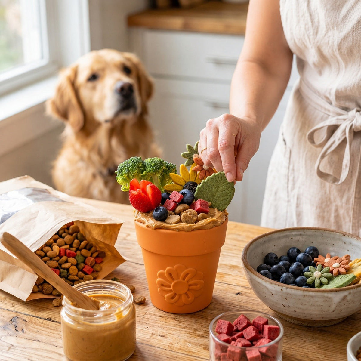 Orange SodaPup Flower Pot filled with vegetables beside a golden retriever