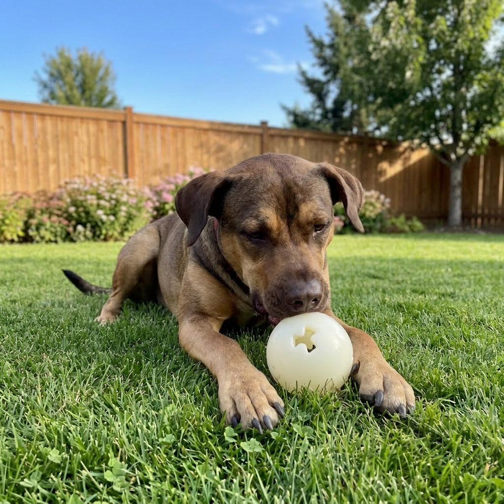 Dog chewing the SodaPup glow ball on the lawn in daylight