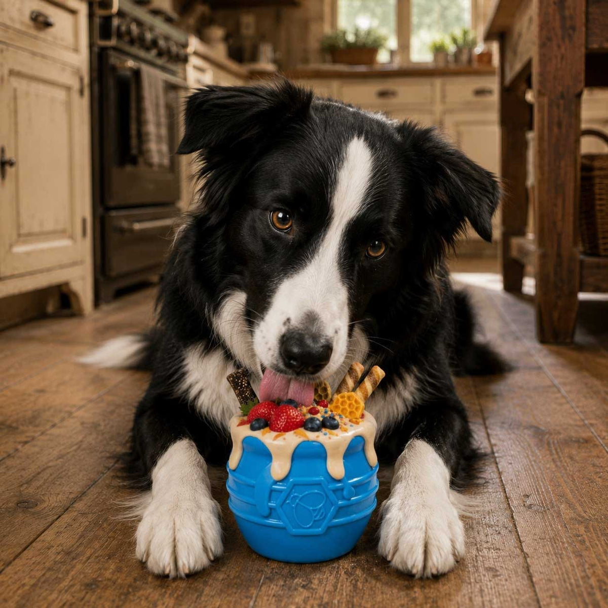 Border Collie with a yellow SodaPup Honey Pot filled with treats
