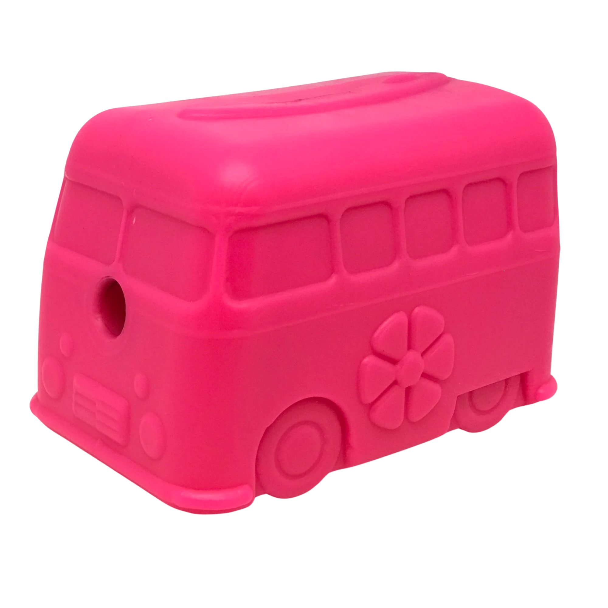 Pink van-shaped dog toy with flower hubcap and treat dispenser hole