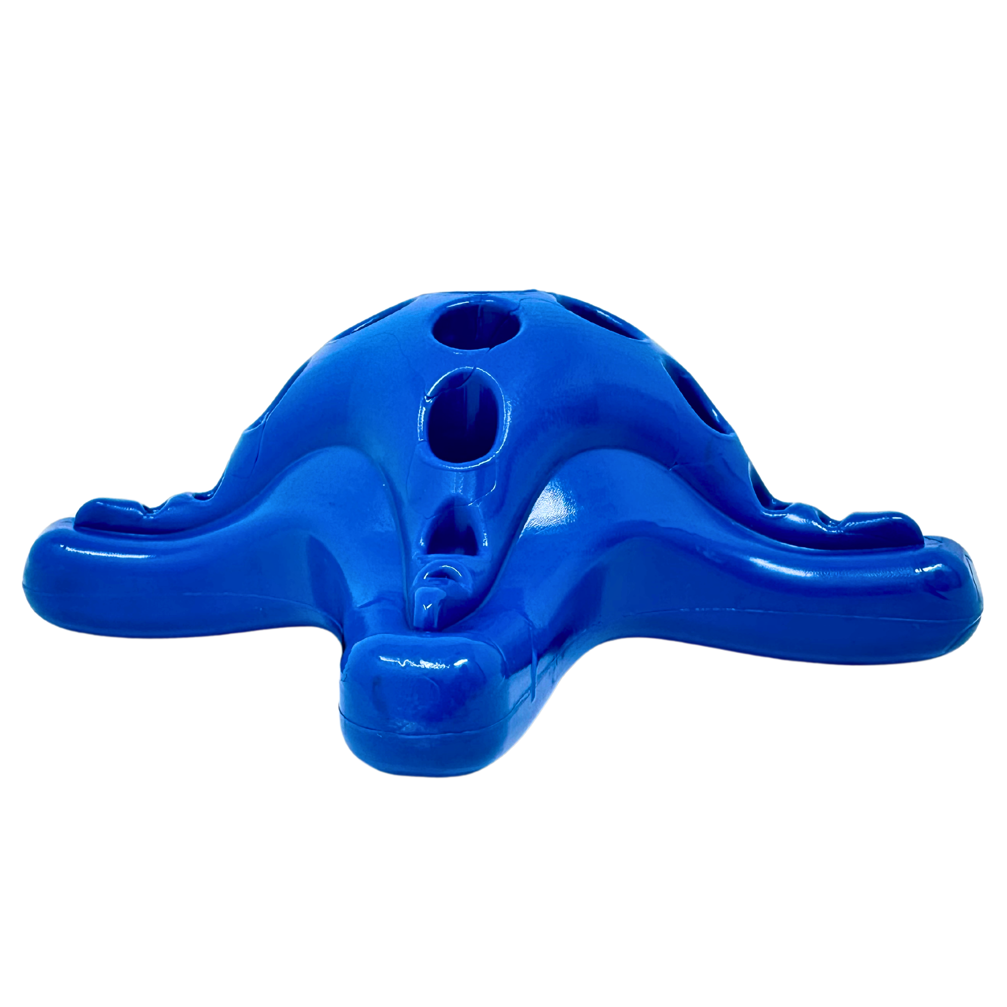 Blue dog toy featuring a domed top and several evenly spaced holes