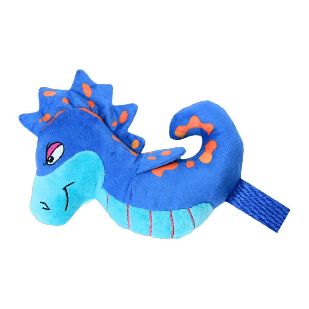 Waggly Spotty Seahorse plush dog toy, blue seahorse with orange spots and a tug tab