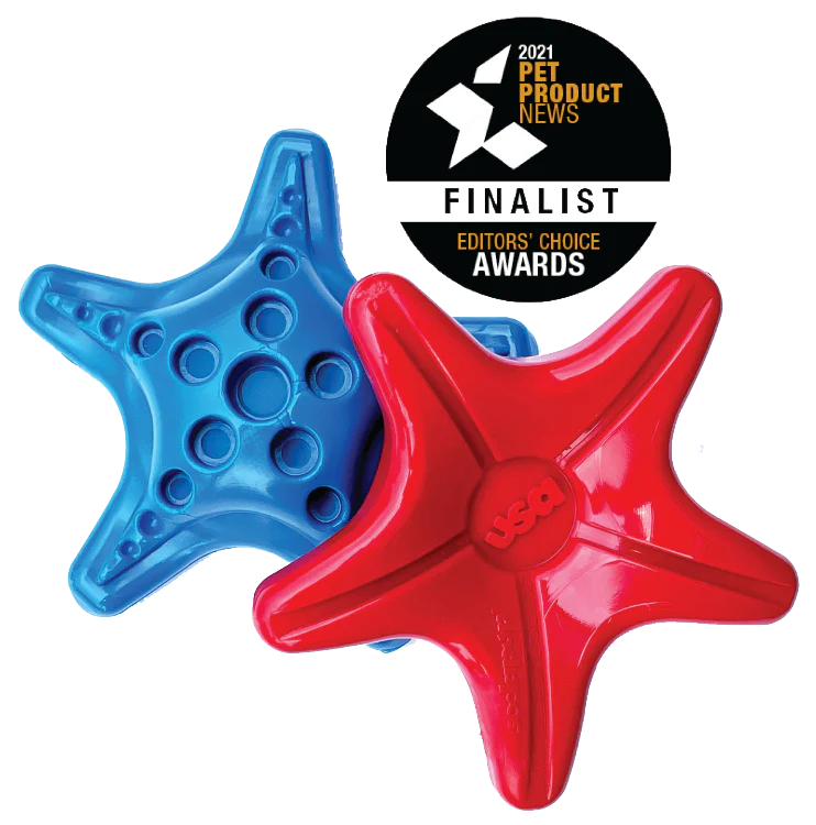 Glossy red starfish dog toy overlaps dimpled blue version, shown with 2021 Pet Product News Editors’ Choice finalist badge