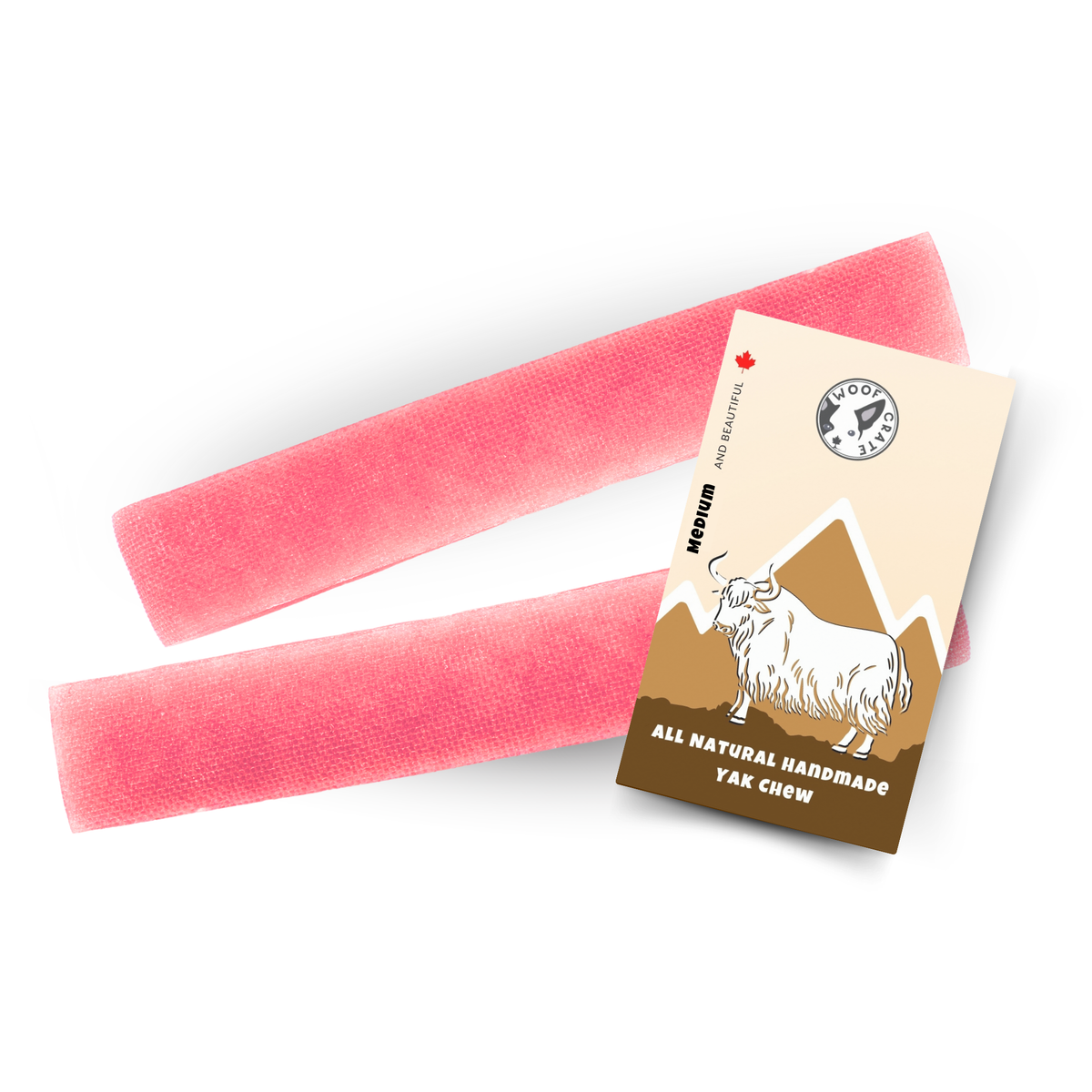 Two pink strawberry yak cheese dog chews with a WoofCrate Handmade Yak Chew tag on a white background