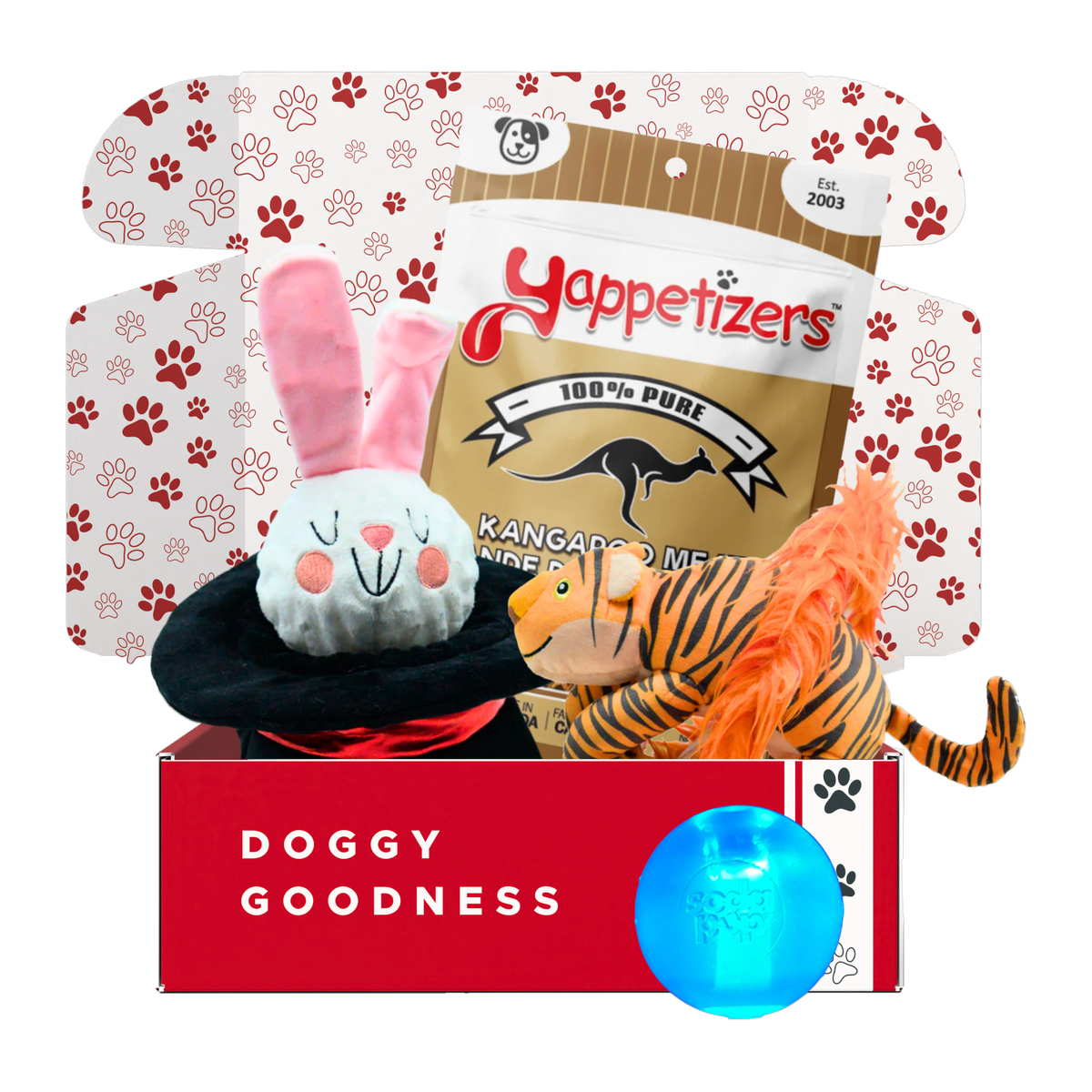 The Great Barkini magic dog box with rabbit in the hat and tiger plush toys, Yappetizers kangaroo treats and a blue SodaPup Strobe Ball