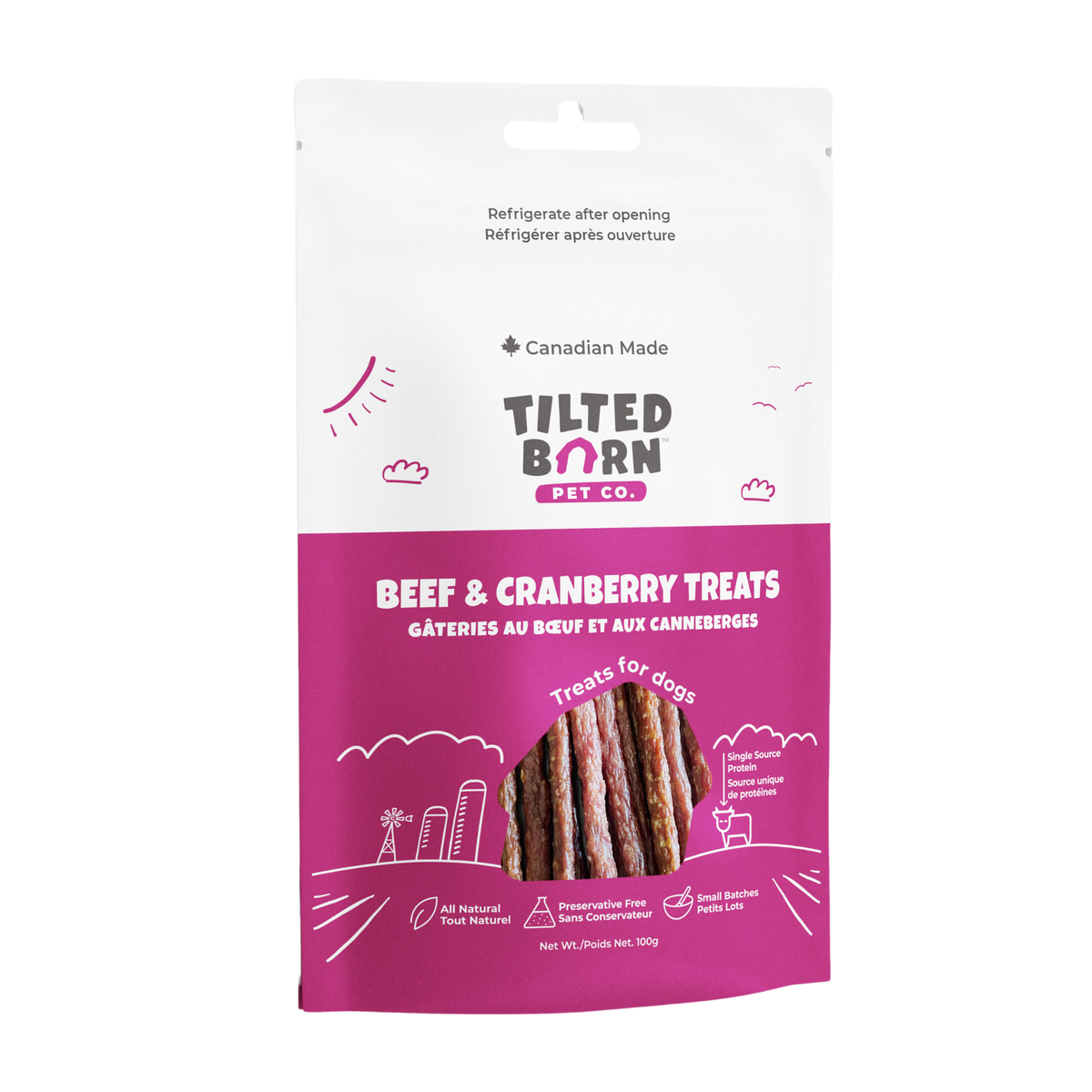 Front view of Tilted Barn Pet Co. Beef & Cranberry dog treats in a pink package