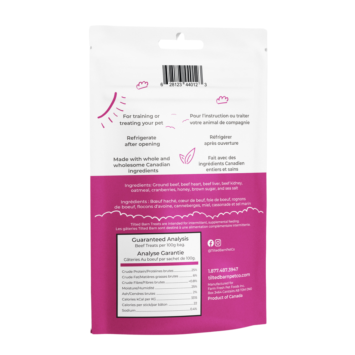 Back view of Tilted Barn Pet Co. Beef & Cranberry dog treats in a pink package with nutritional and ingredient information
