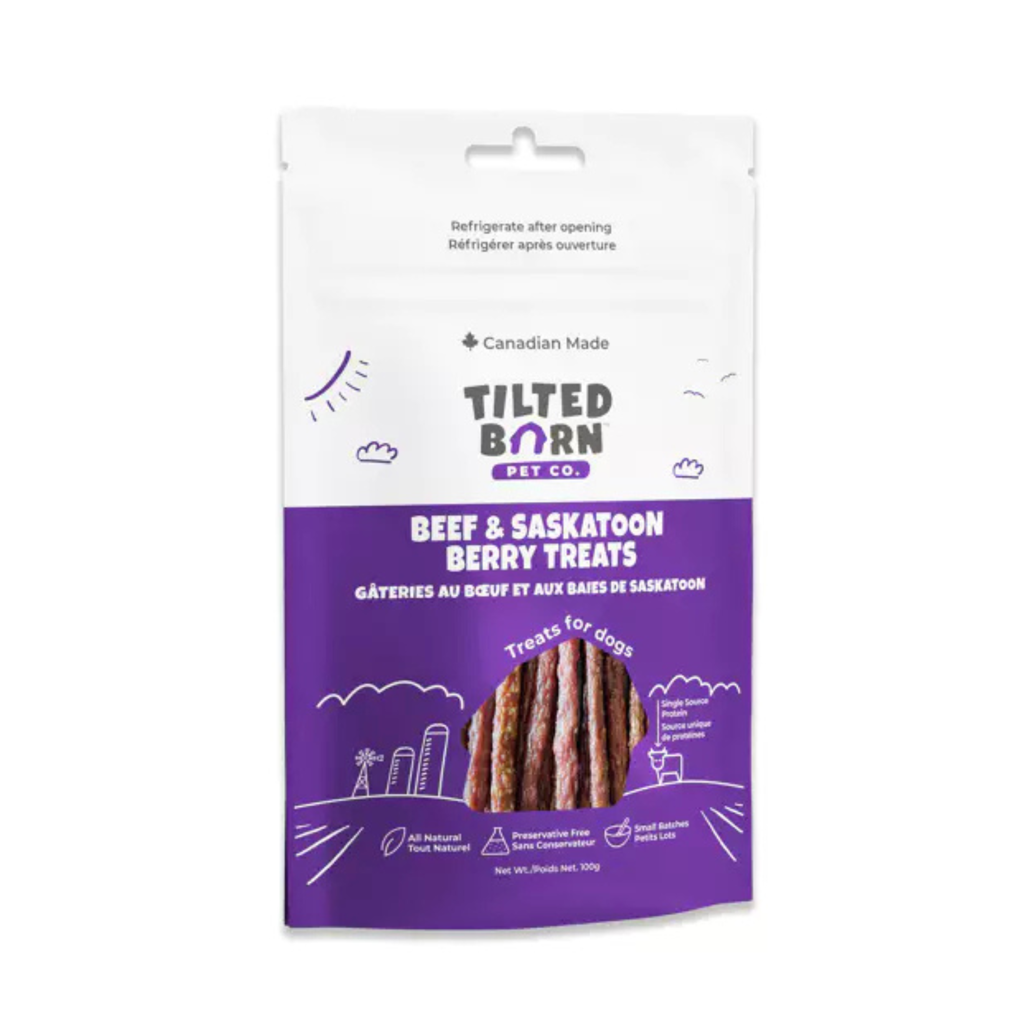 Tilted Barn Pet Co. Beef & Saskatoon Berry dog treats in white and purple resealable pouch