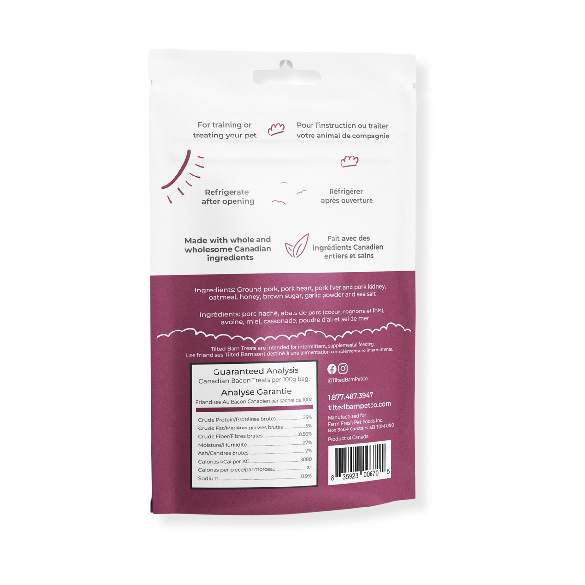 Back of Tilted Barn Canadian Bacon Treats bag with ingredients and guaranteed analysis panel