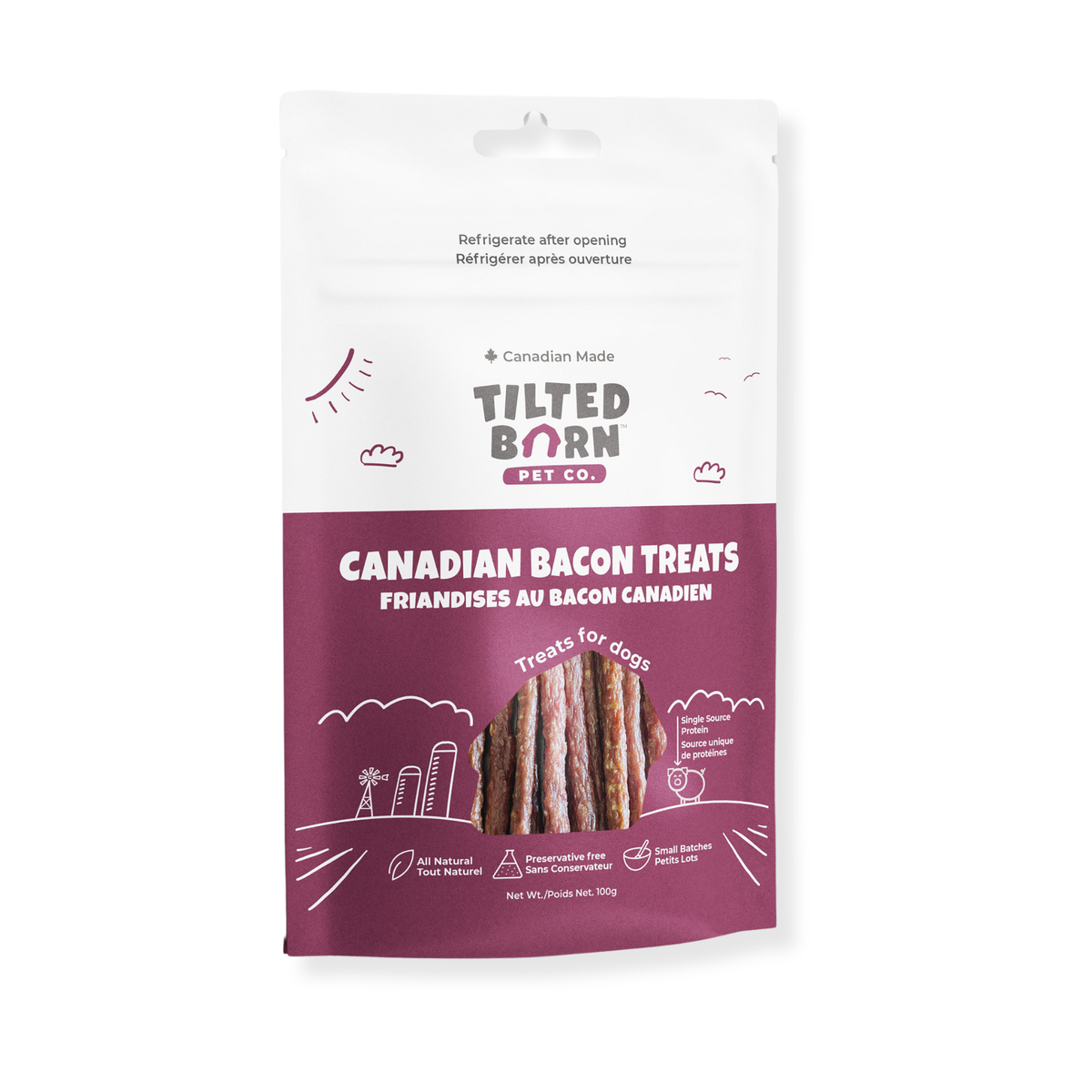 Front of Tilted Barn Pet Co. Canadian Bacon Treats bag, Canadian made, showing pork stick treats