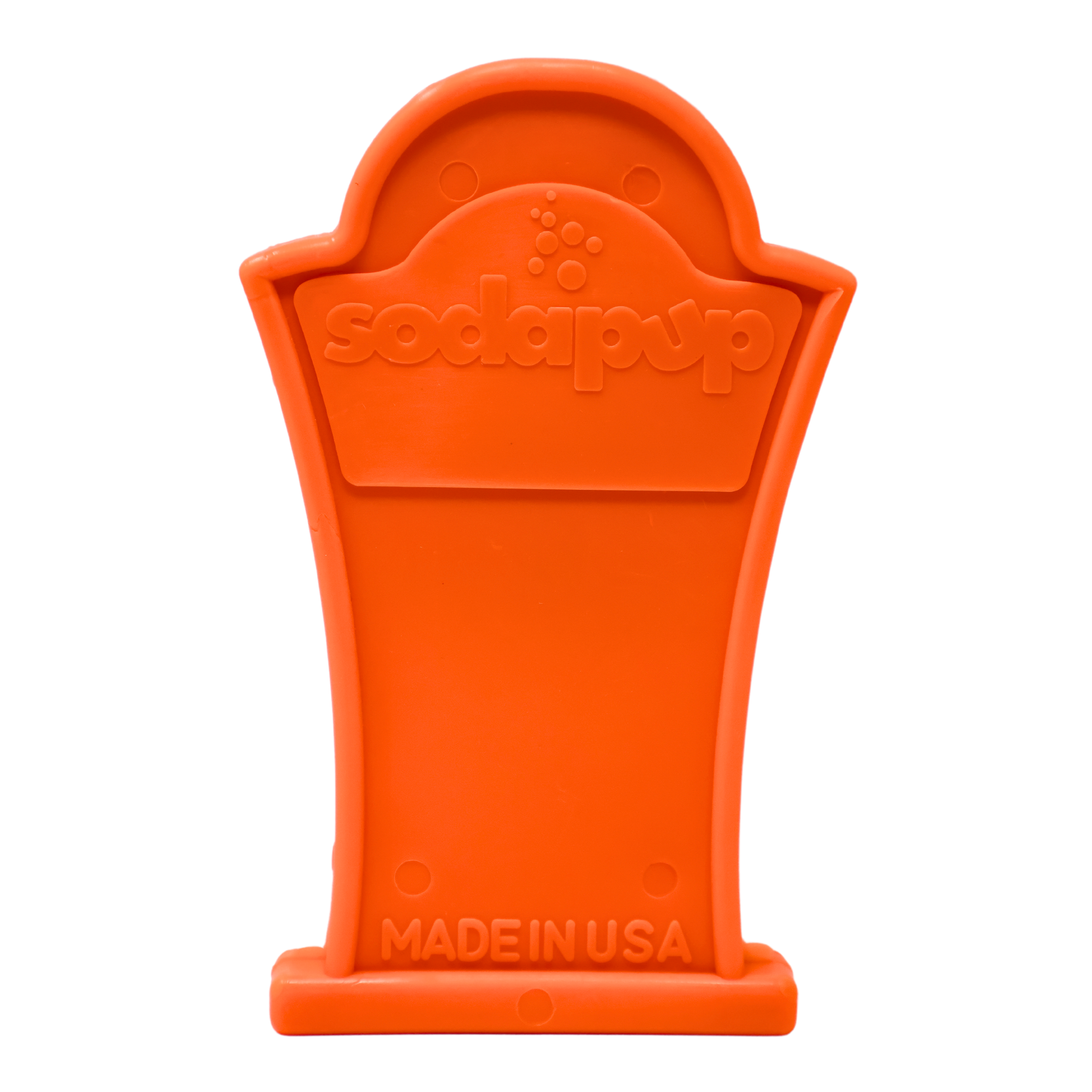 Back of orange tombstone-shaped dog chew toy with "sodapup" logo and "MADE IN USA" text embossed near the base