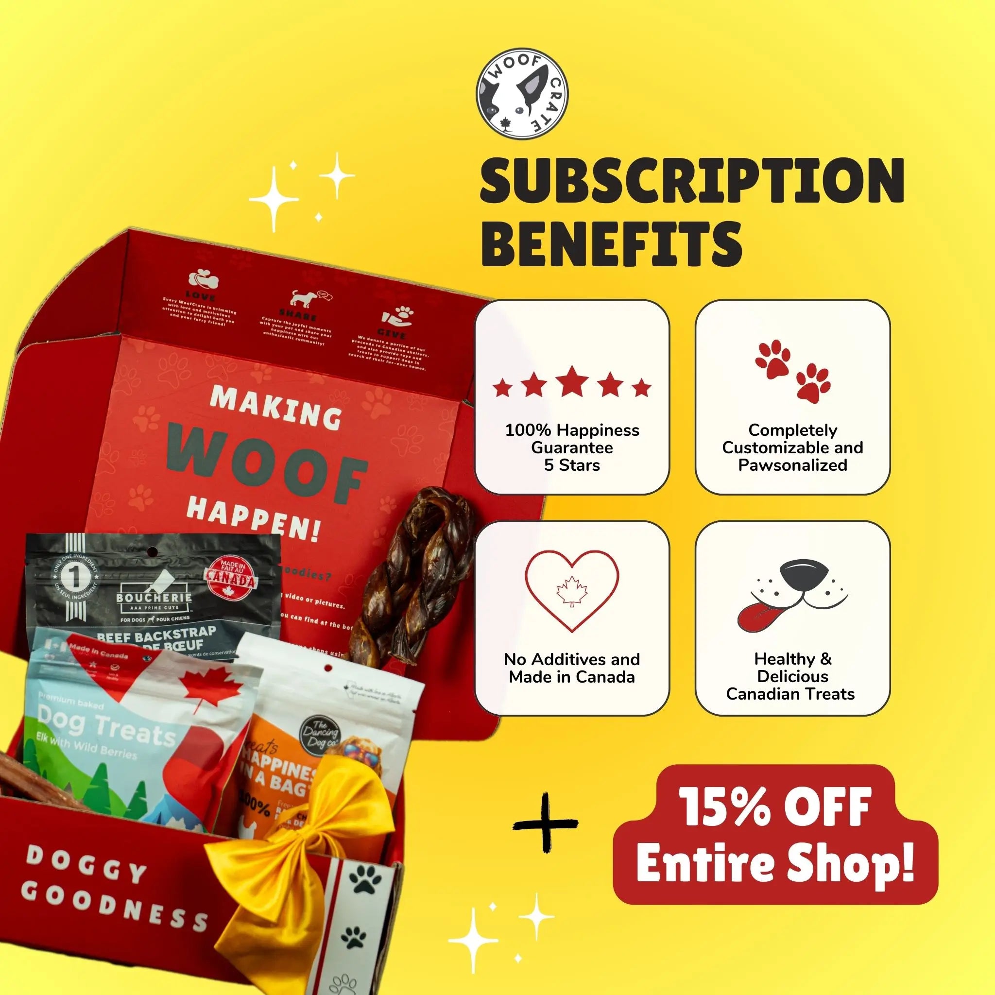 Open dog box with toys, treats, and ribbon under “Making WOOF Happen!” lid, with 15% off and subscription benefits labels