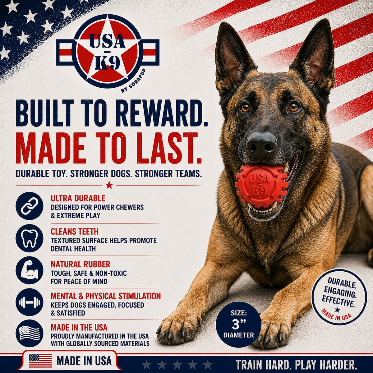 USA-K9 Stars and Stripes dental ball features with a dog holding the ball