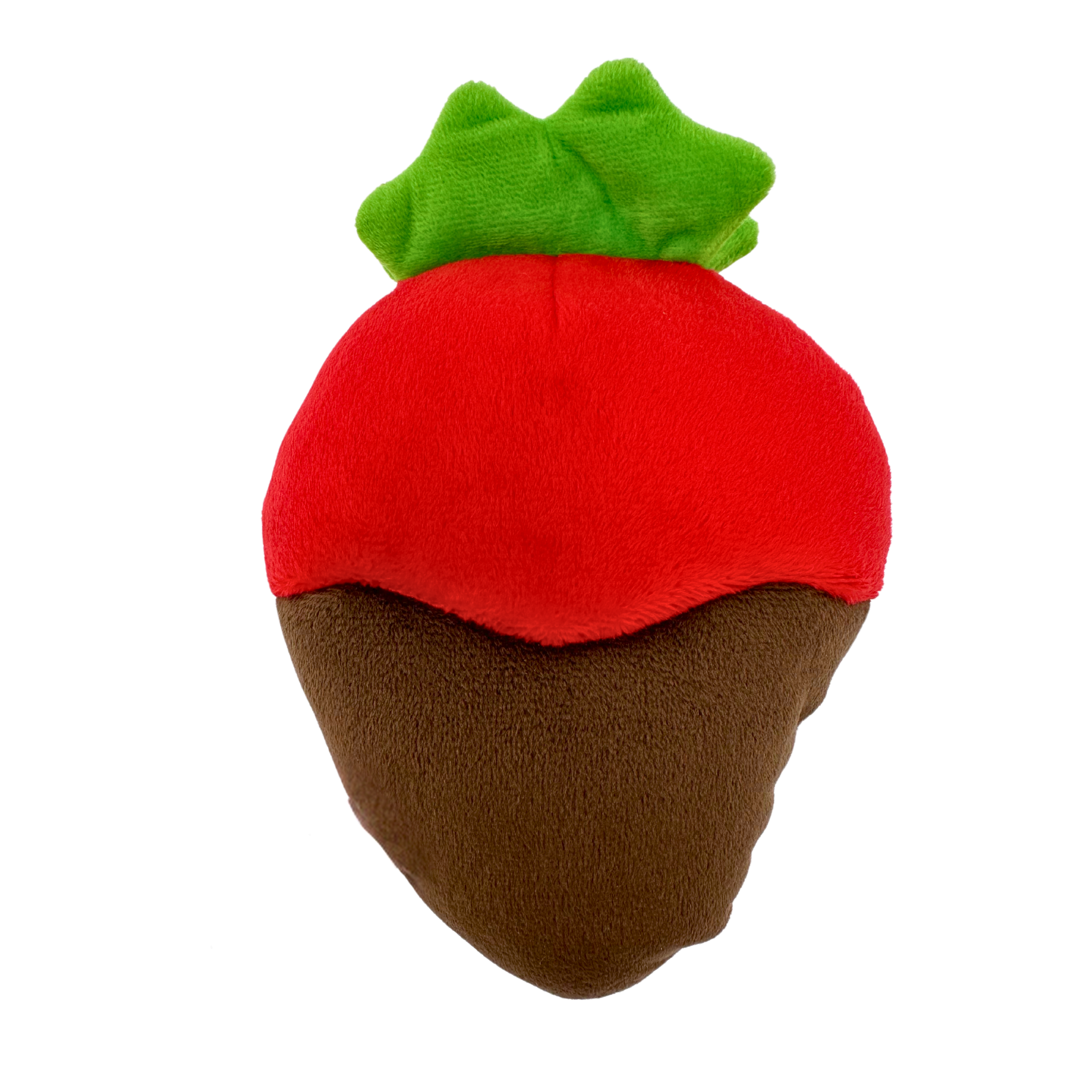 Back view of plush strawberry dog toy featuring chocolate dip design and green leaf at the top