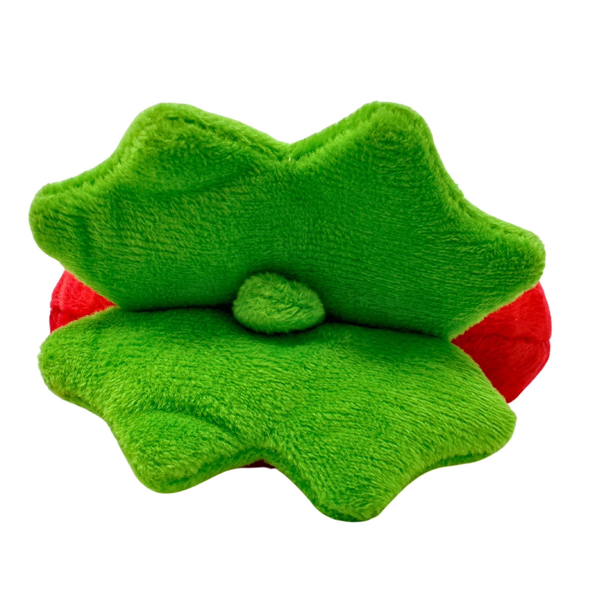 Green leafy top of strawberry plush dog toy