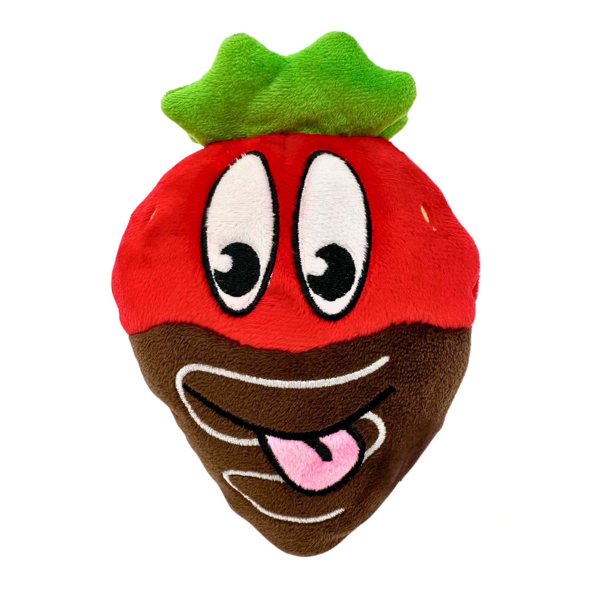Chocolate-covered strawberry dog toy with a goofy, tongue-out face and a green leafy top