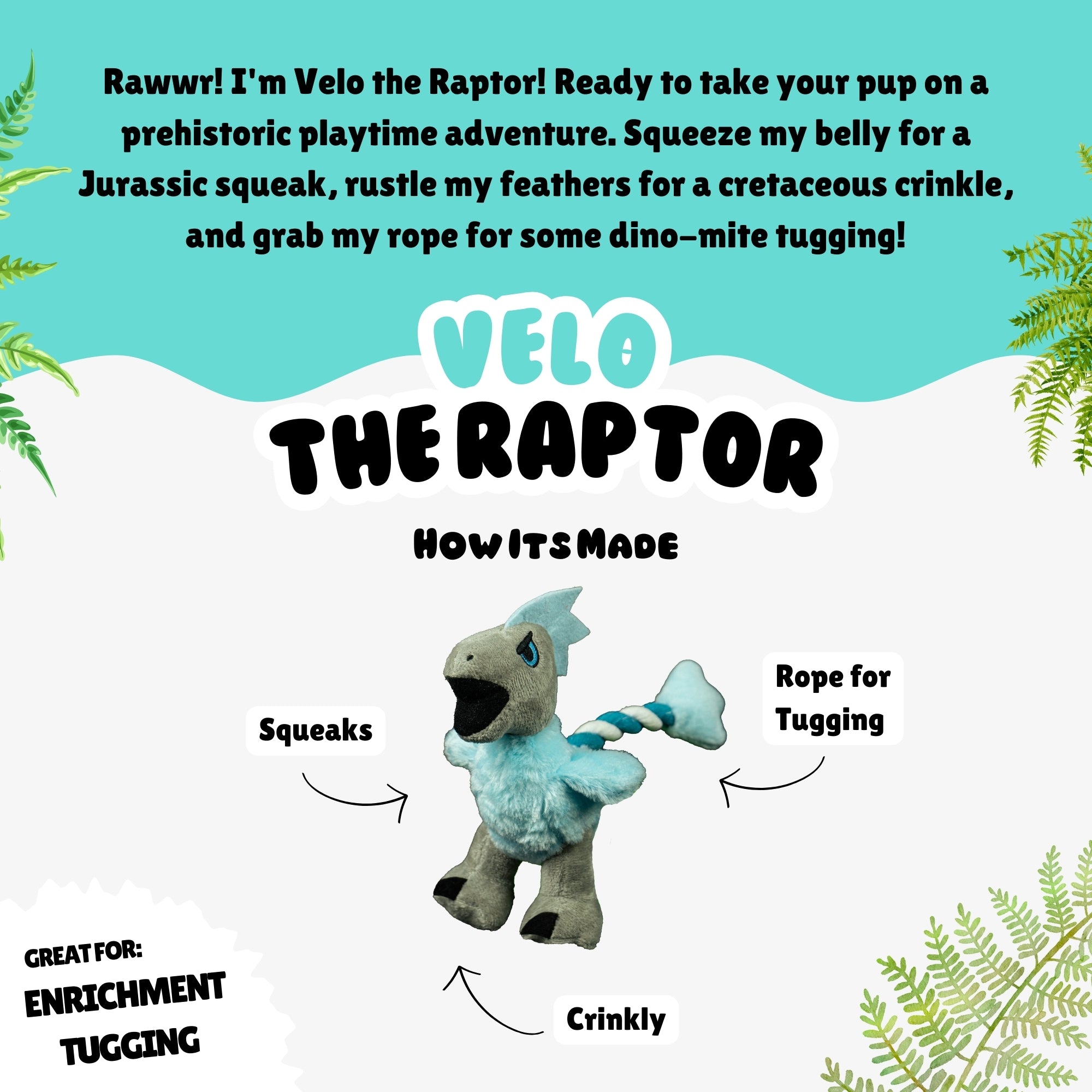 Velo the Raptor dog toy showing how it’s made with squeaker belly, crinkle wings, and braided rope tail for tugging
