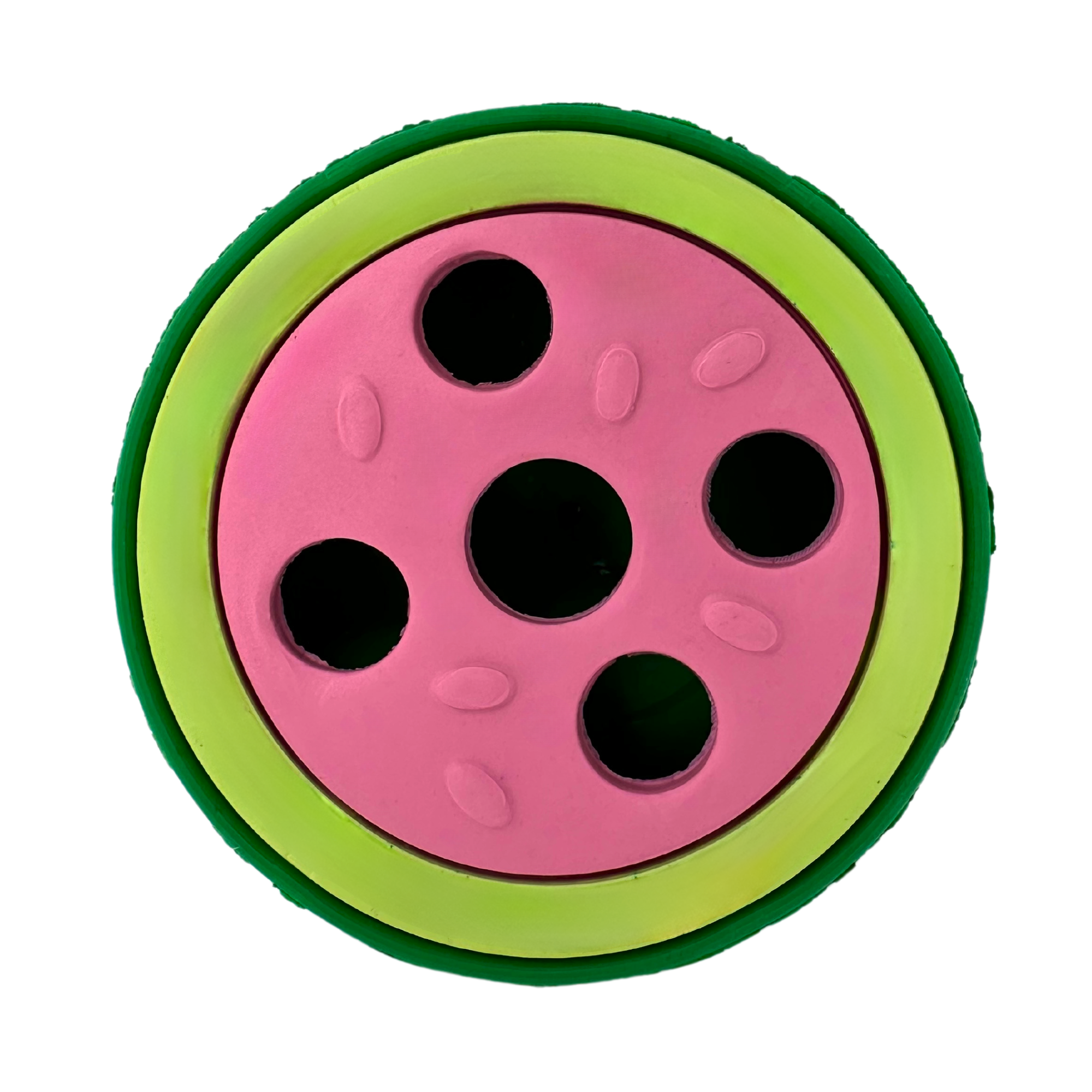Watermelon-shaped dog toy with pink center, green rind edge, and five treat holes