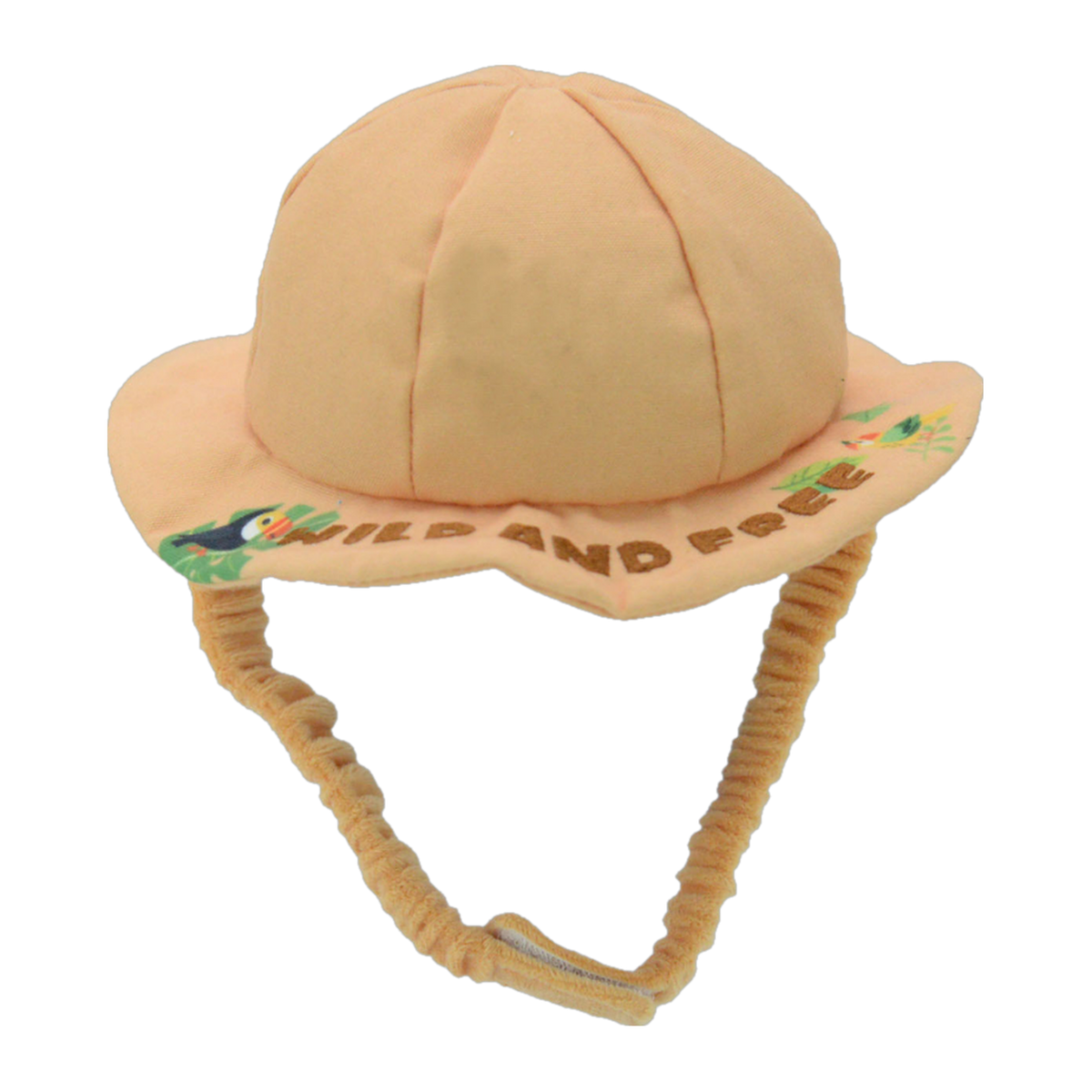 Waggly Wild and Free safari hat plush dog toy, tan bucket hat with elastic strap