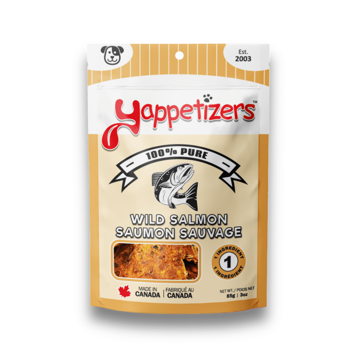 Yappetizers 100% Pure Wild Salmon dog treat bag, made in Canada, on a white background