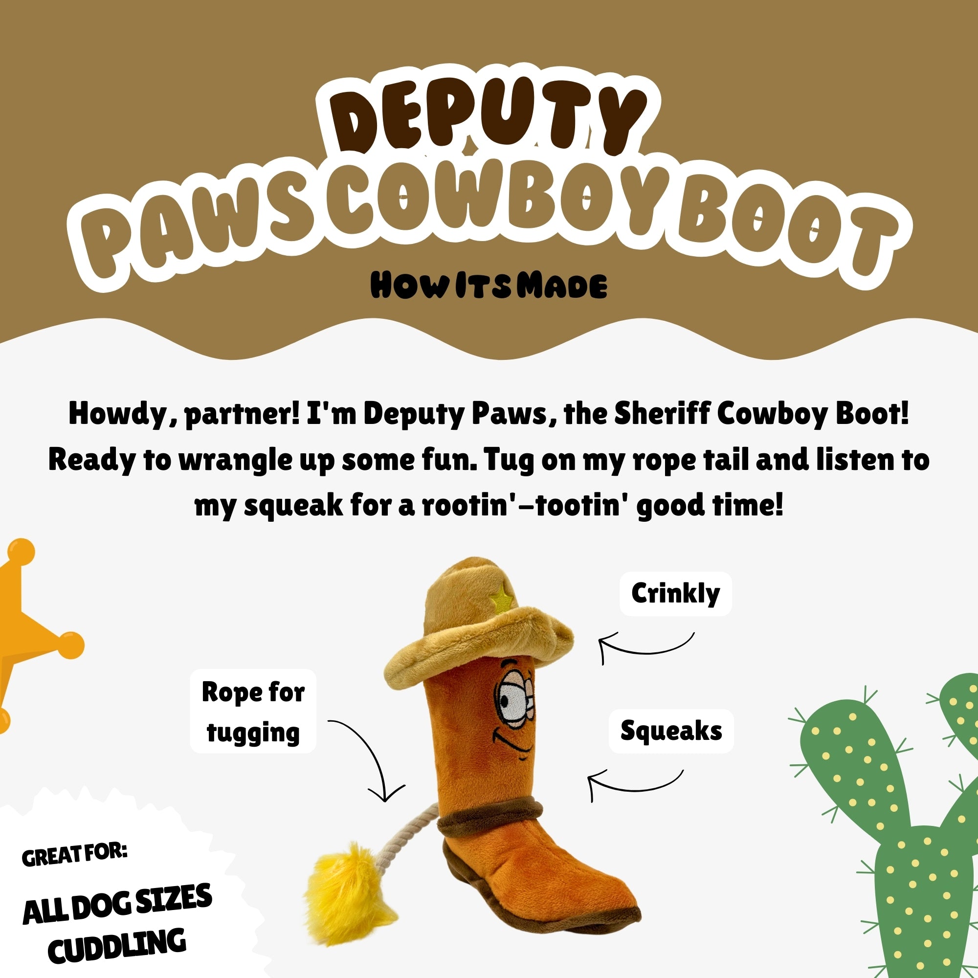 Deputy Paws Cowboy Boot featuring a plush boot dog toy with rope boot loop, crinkly sheriff hat, and squeaky body