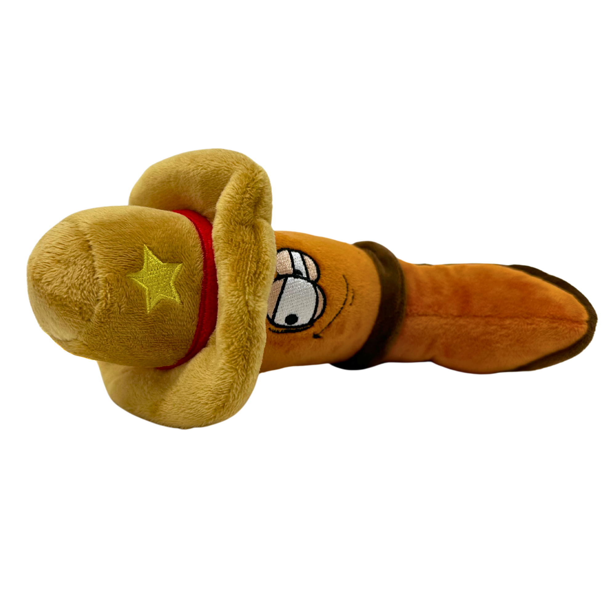 Top-angle view of cowboy boot plush dog toy featuring silly cartoon eyes, crinkly sheriff hat, and squeaky body