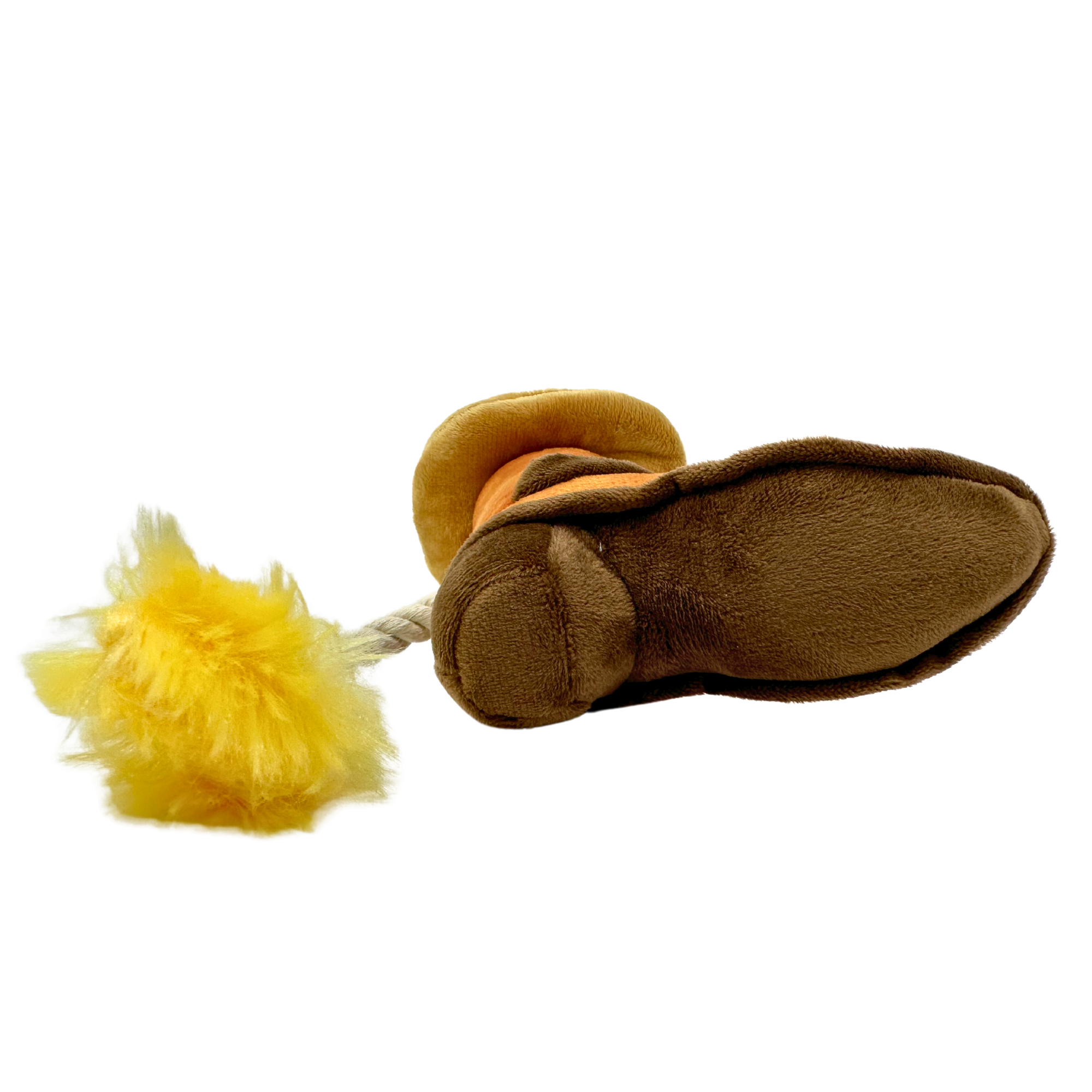 Bottom view of cowboy boot plush dog toy featuring brown sole, rope boot loop, and fluffy yellow spur detail