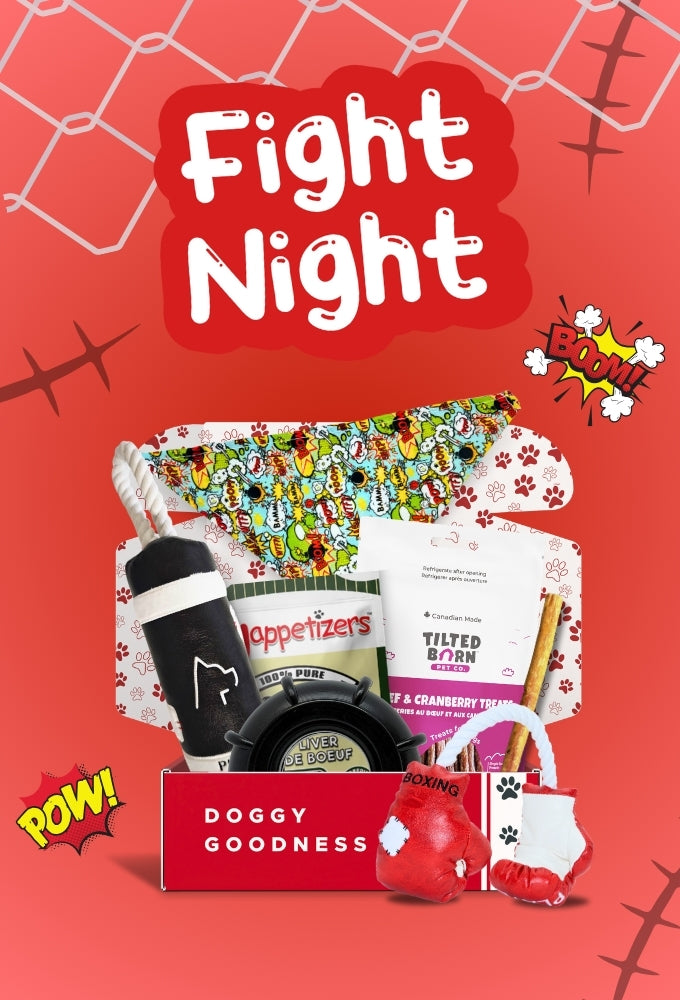 Dog gift box with chew toys, liver treats, and a plush boxing glove from WoofCrate’s Fight Night collection