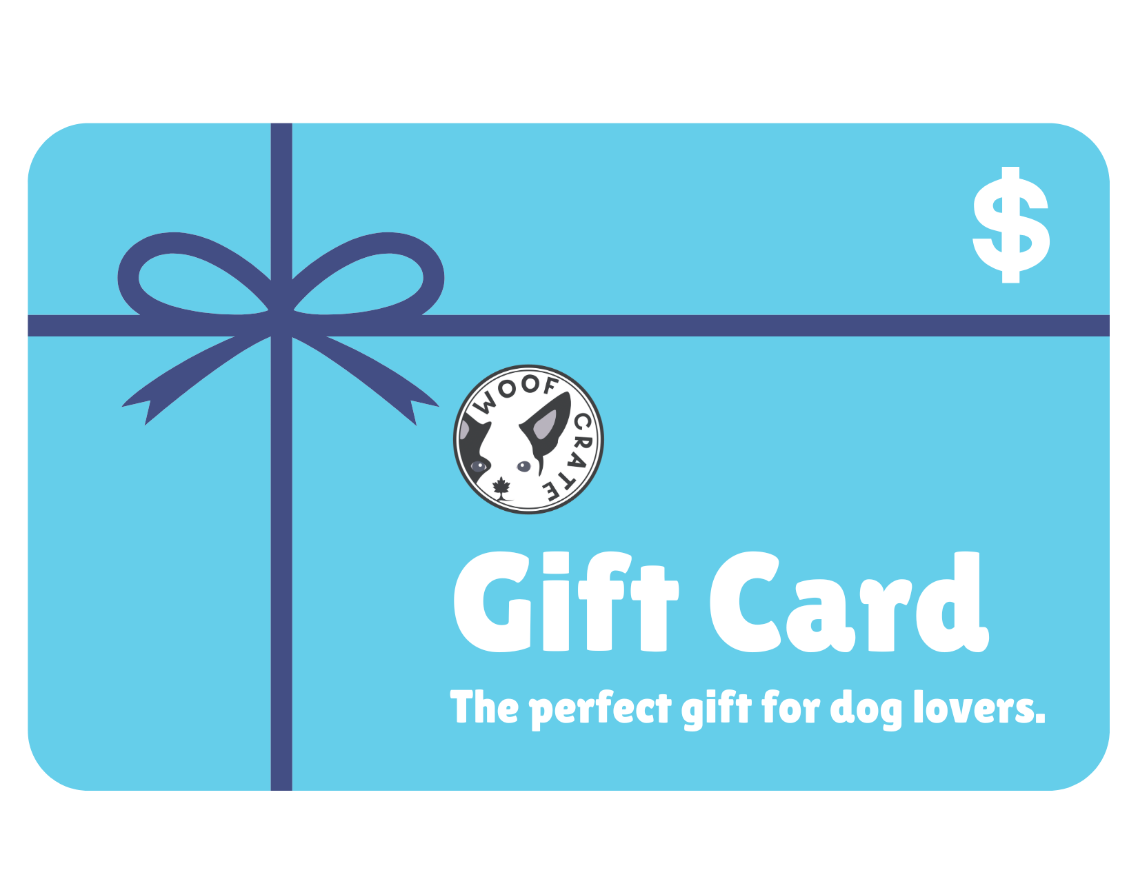 Blue gift card featuring a ribbon design, WoofCrate logo, and the text 'The perfect gift for dog lovers.'