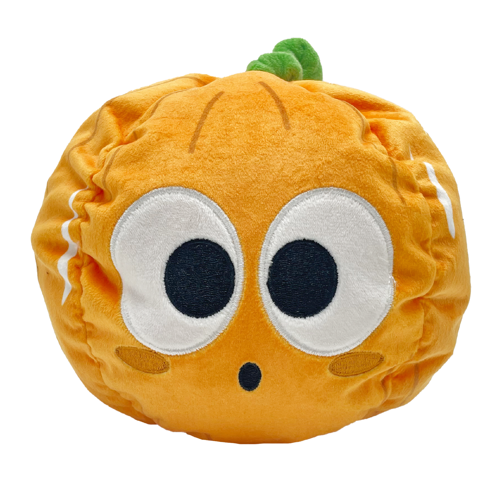 Plush pumpkin toy with large, wide eyes and a small green stem on top