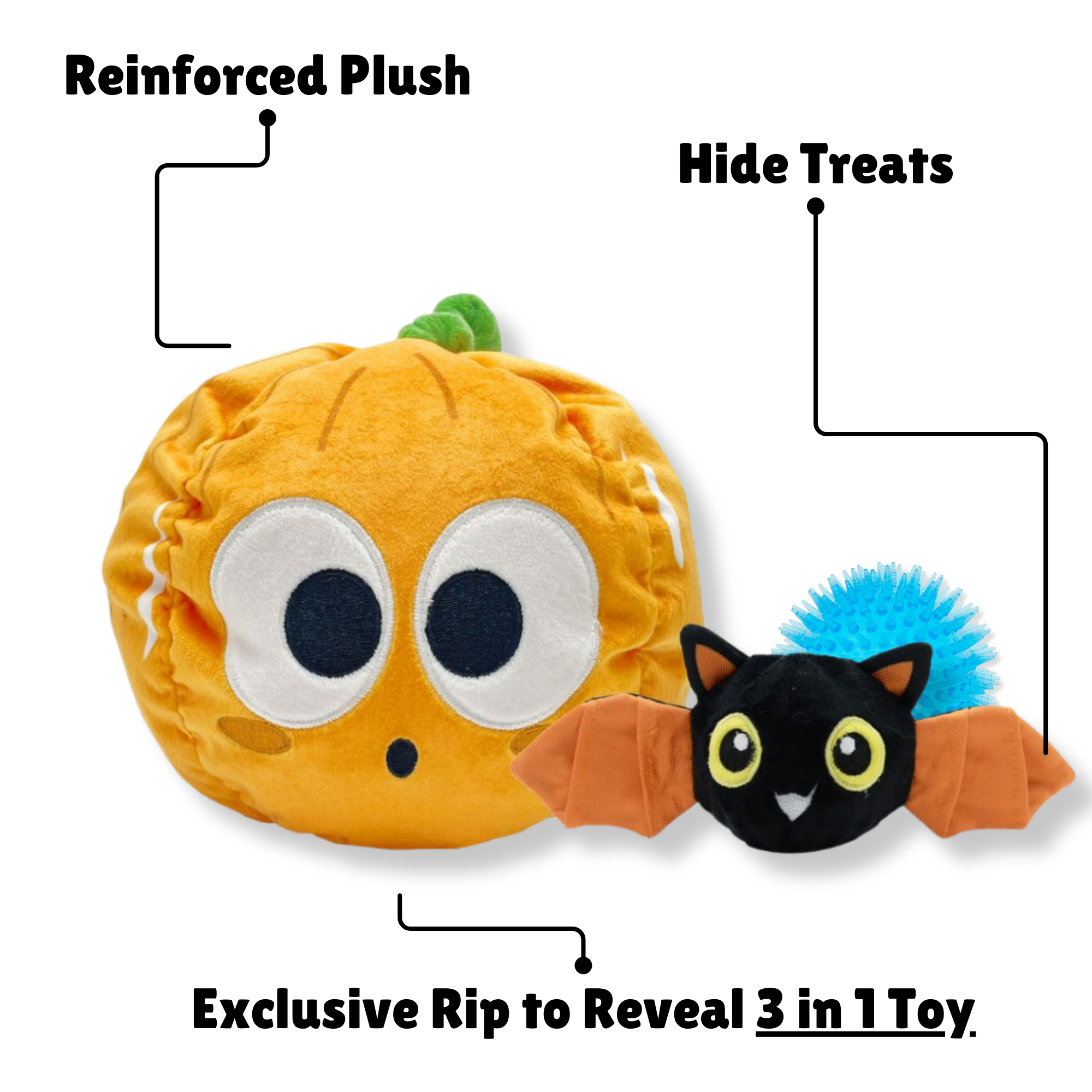 Plush pumpkin toy with wide eyes next to a bat toy with orange wings and a blue spiky ball