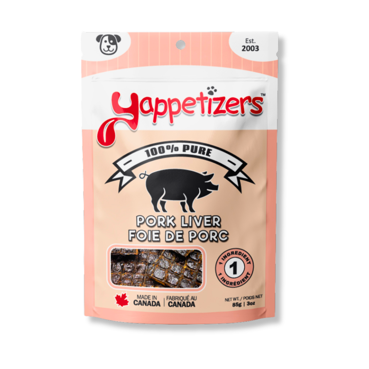 Yappetizers 100% Pure Pork Liver dog treat bag, made in Canada, on a white background