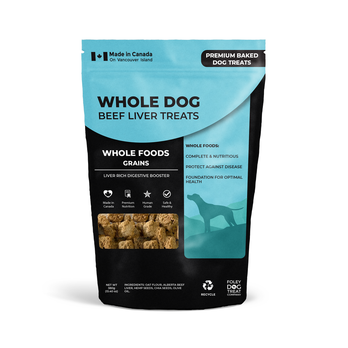 Foley's Whole Dog Beef Liver Treats bag, premium baked whole foods with grains, made in Canada