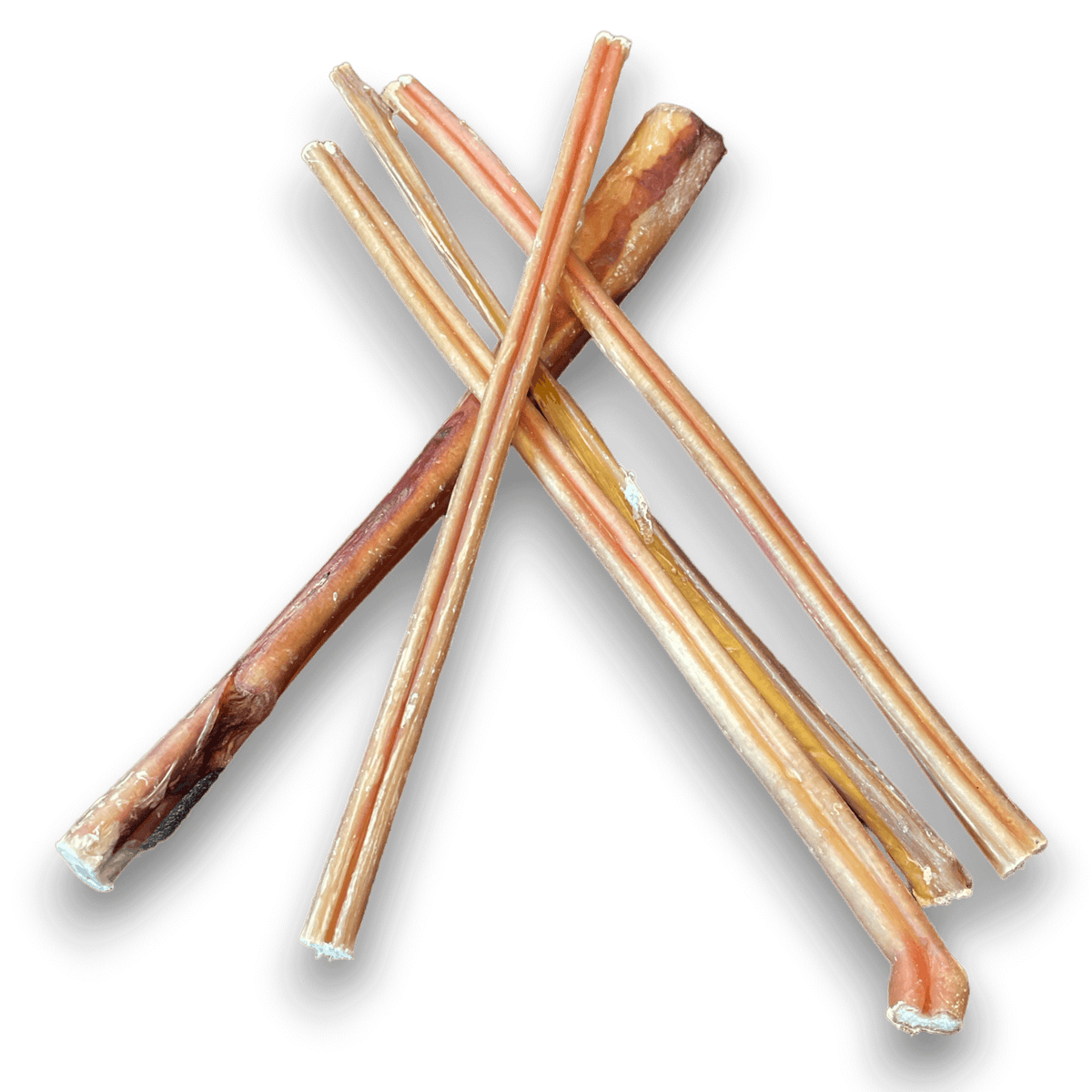 Stack of 12 inch bully sticks on a white background. 