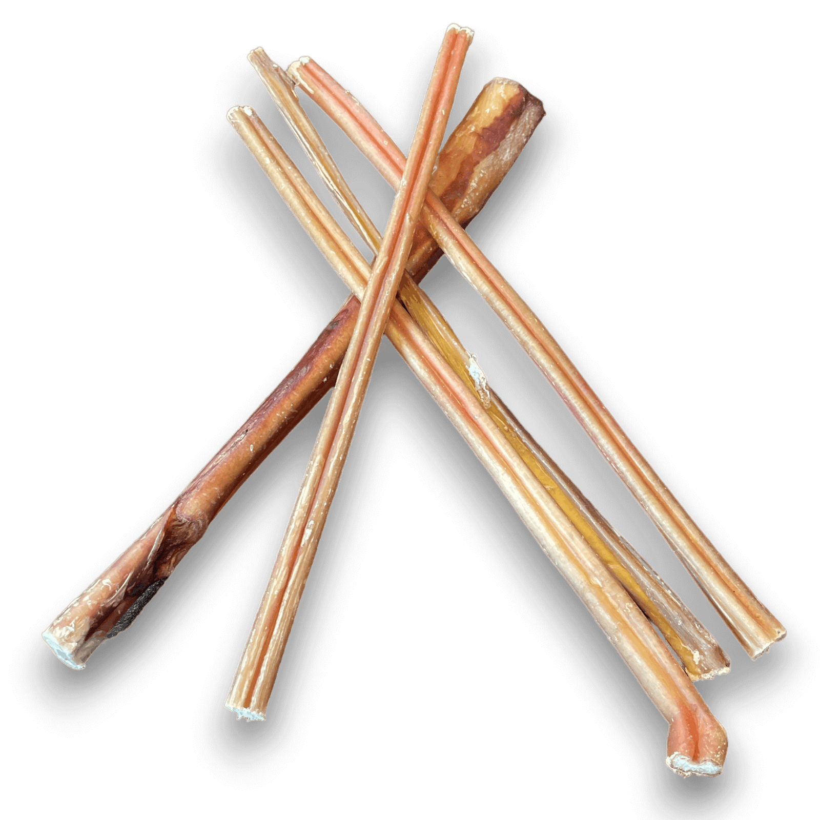 Stack of 12 inch bully sticks on a white background. 