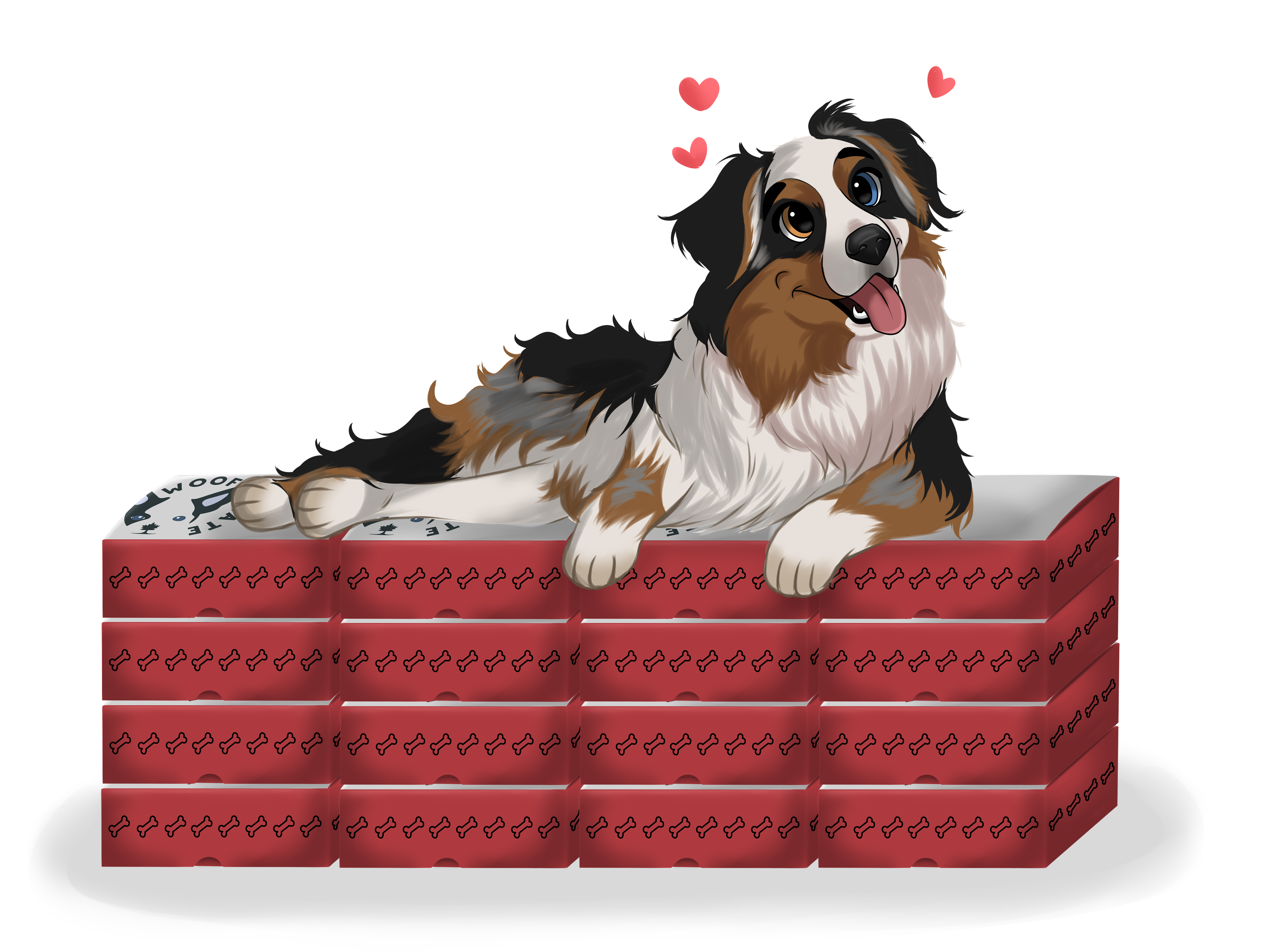 Cute animated pup on a pile of WoofCrate boxes with floating hearts overhead
