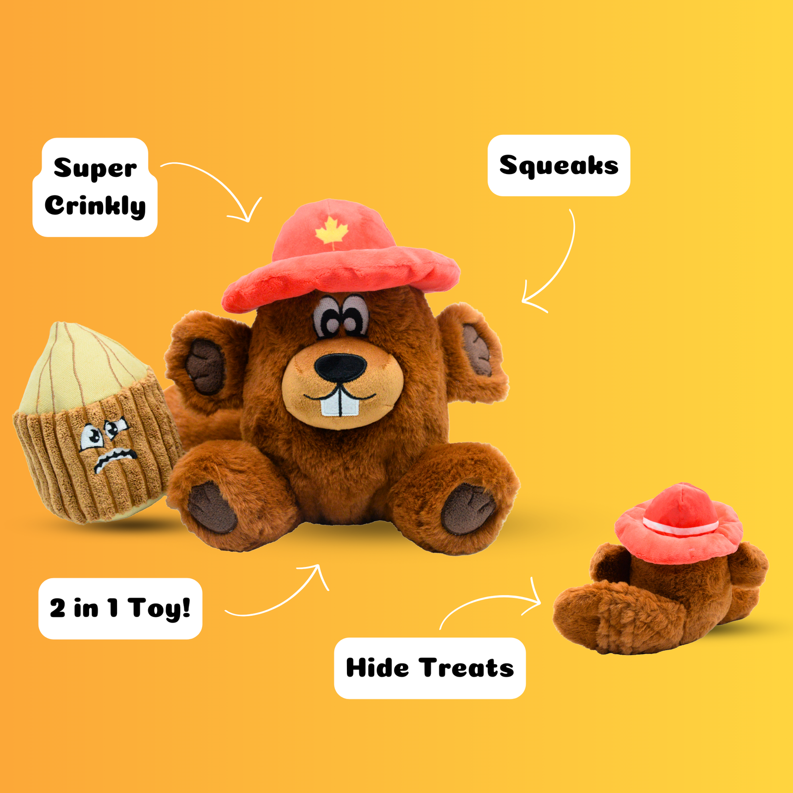 Plush beaver dog toy wearing red Canadian hat with acorn companion