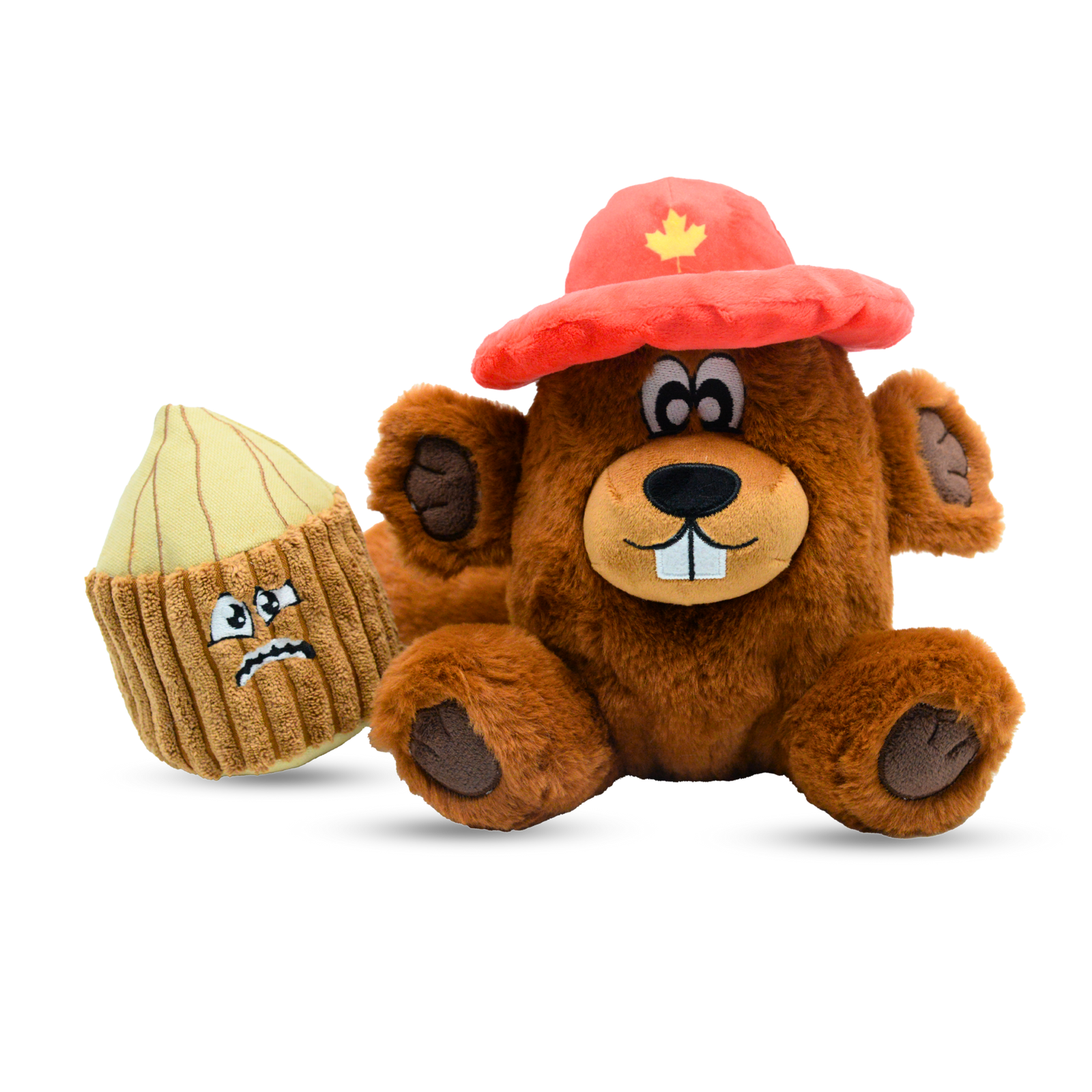Plush beaver dog toy wearing red Canadian hat with acorn companion