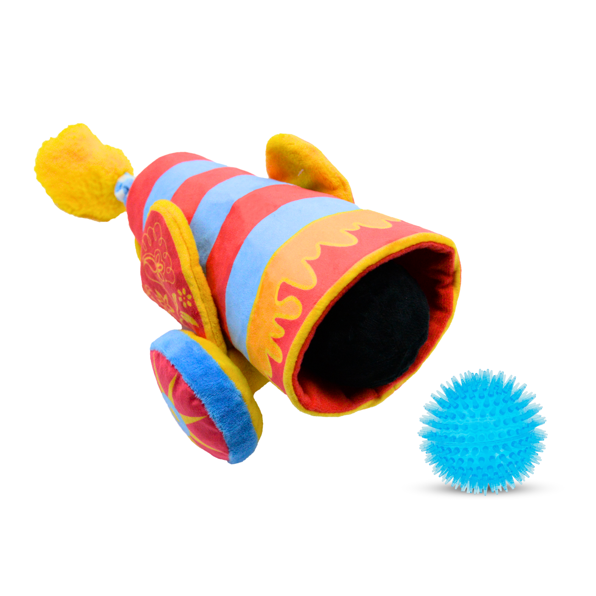 2-in-1 Circus Cannon Dog Toy – Plush & Hidden Spiky Ball