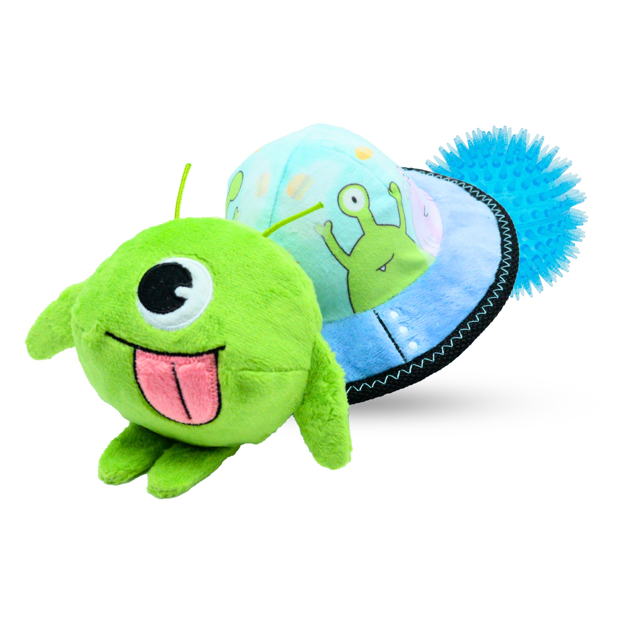 Plush UFO dog toy with alien figure and blue spiky ball