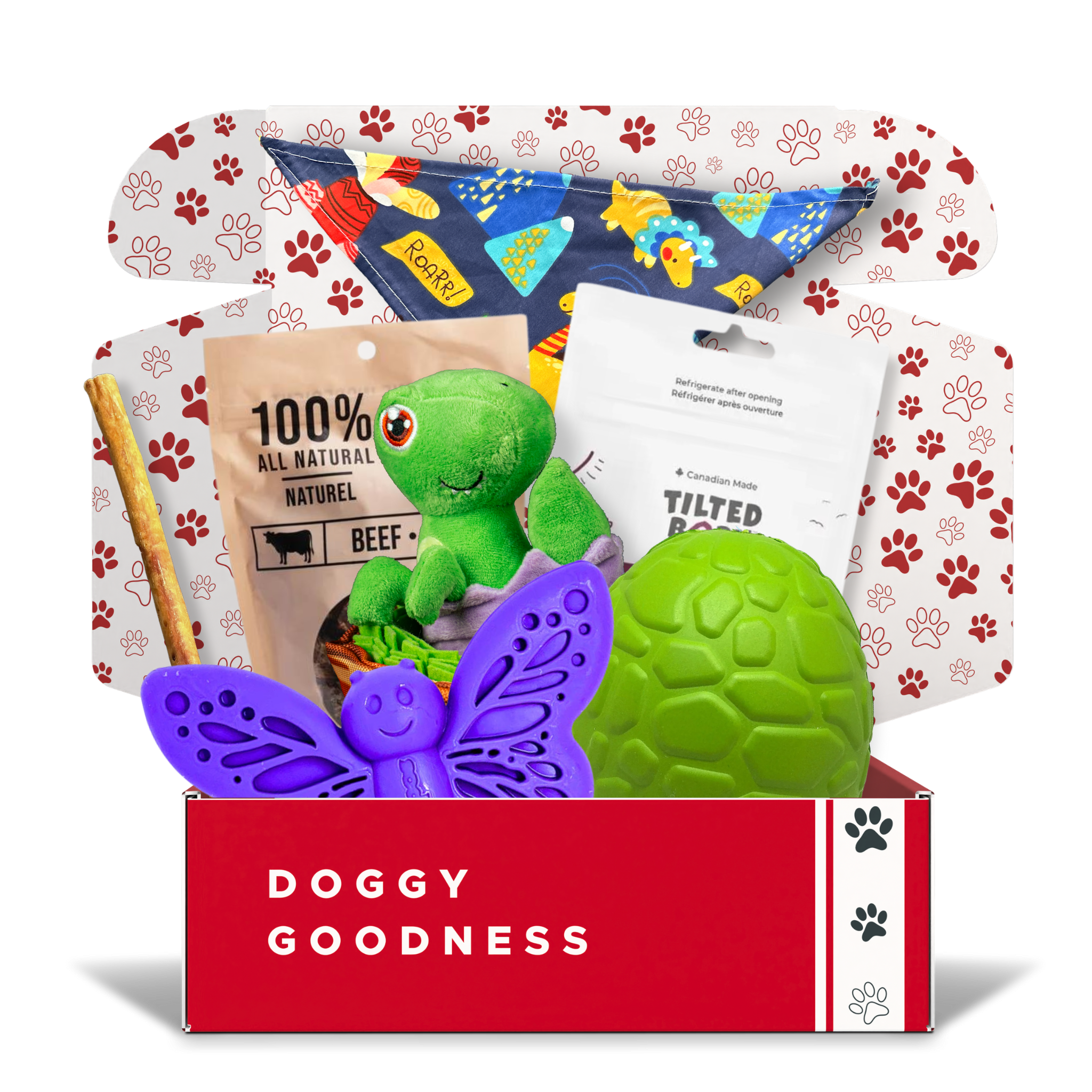 Open WoofCrate box labeled 'Doggy Goodness' featuring treats, chew toys, a turtle plush, and a dinosaur bandana