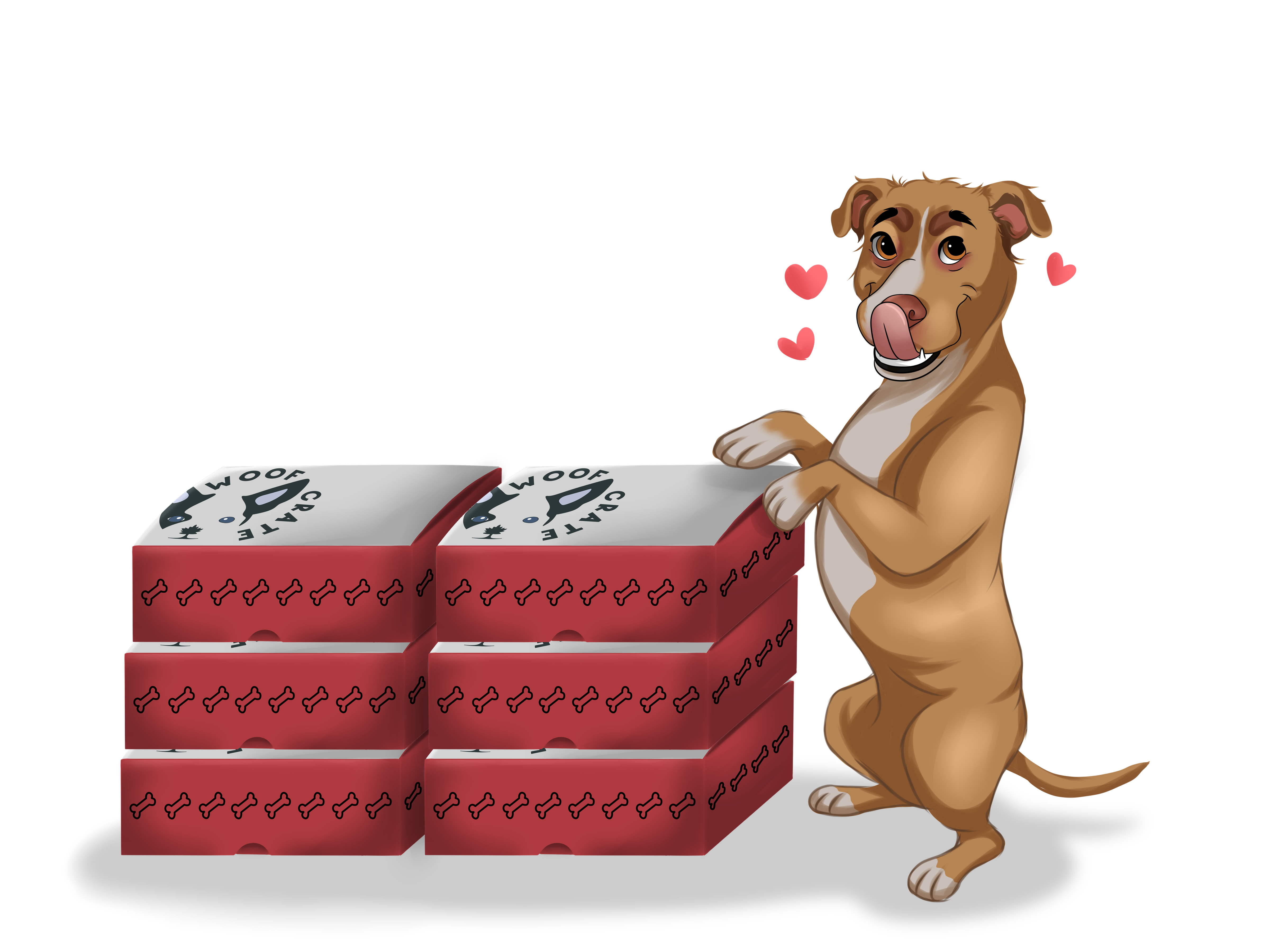 Happy animated pup leaning on stacked WoofCrate boxes with hearts floating around its head