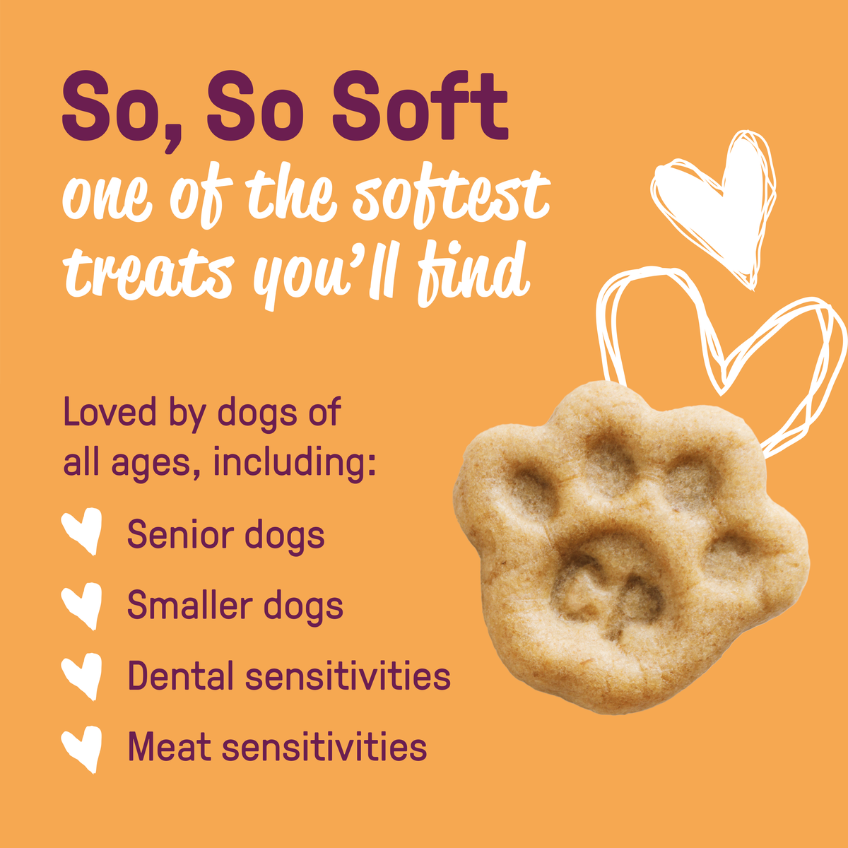 Close-up of a soft paw-shaped CookiePal bite, loved by senior dogs, small dogs and dogs with dental or meat sensitivities