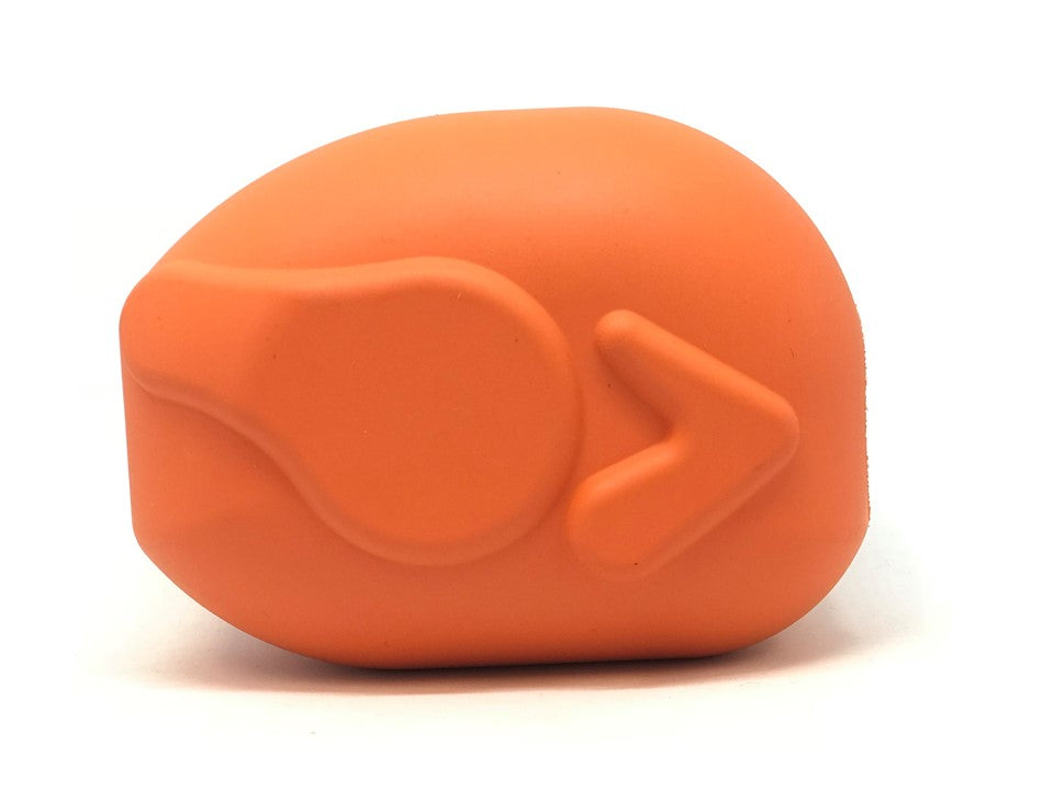 Orange rubber Roasted Turkey toy, side view on a white background