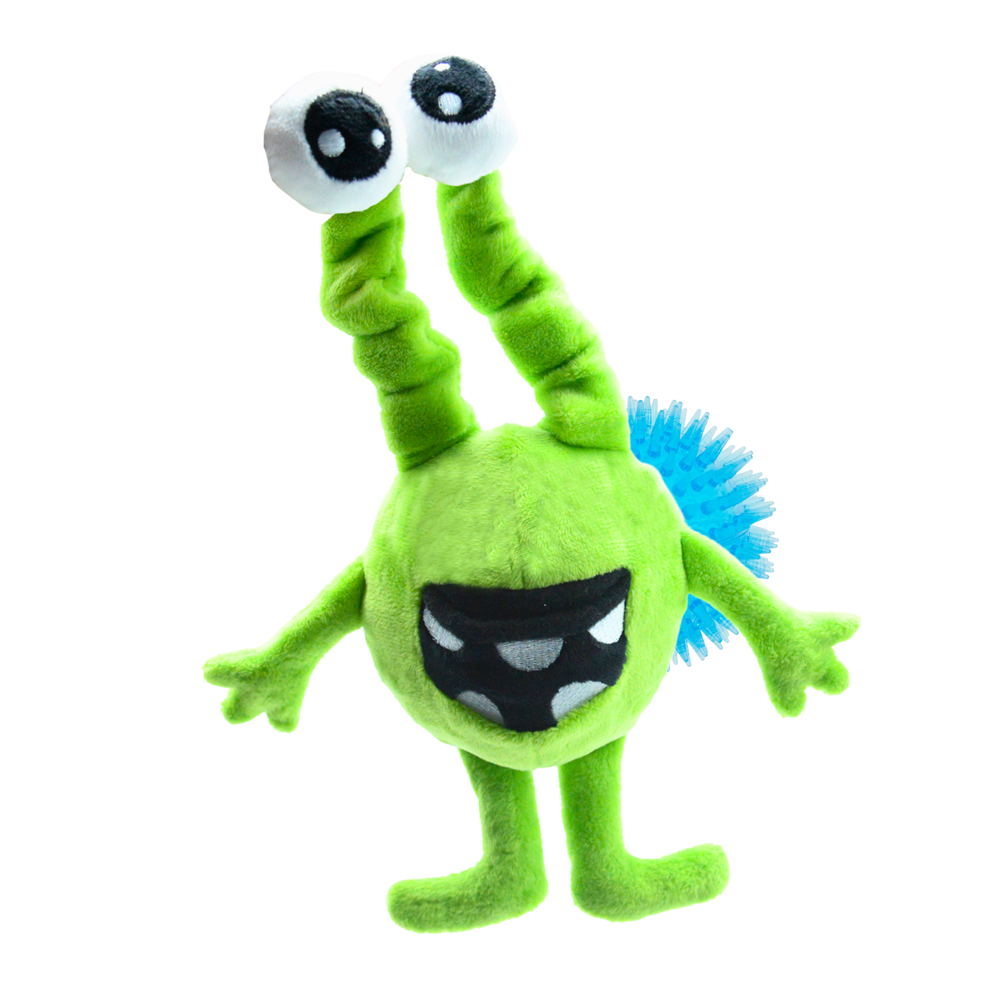 Green alien dog toy with big eyes and blue spiky ball